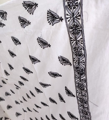 White pure mulmul Dupatta with black chikankari