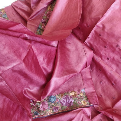 Zeebah burnt pink Parsi Gara Hand Embroidered Tussar Silk Saree