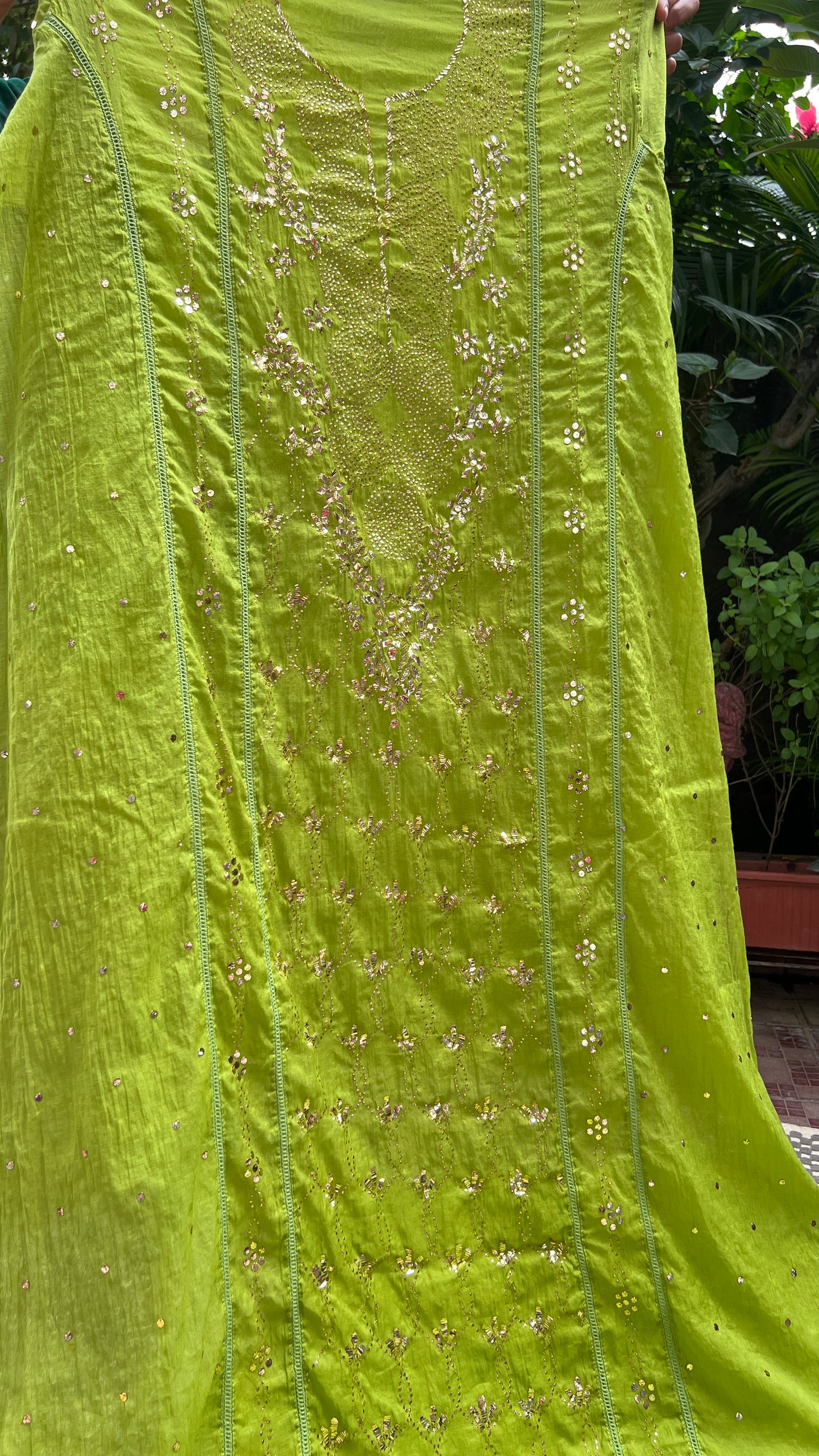 Green Mukaish work Mul Chanderi kurta with dupatta