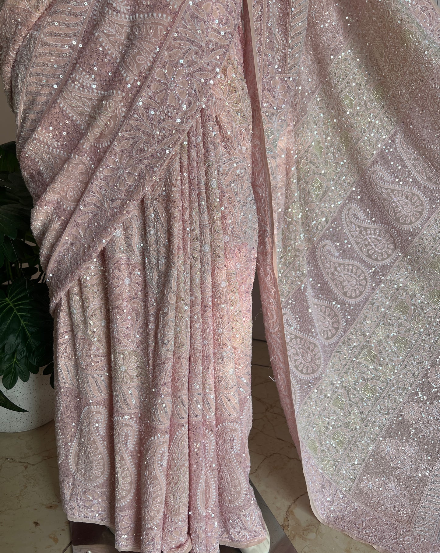 Ruhani Blush Pink Chikankari Multi Cut Dana and Sequins Saree