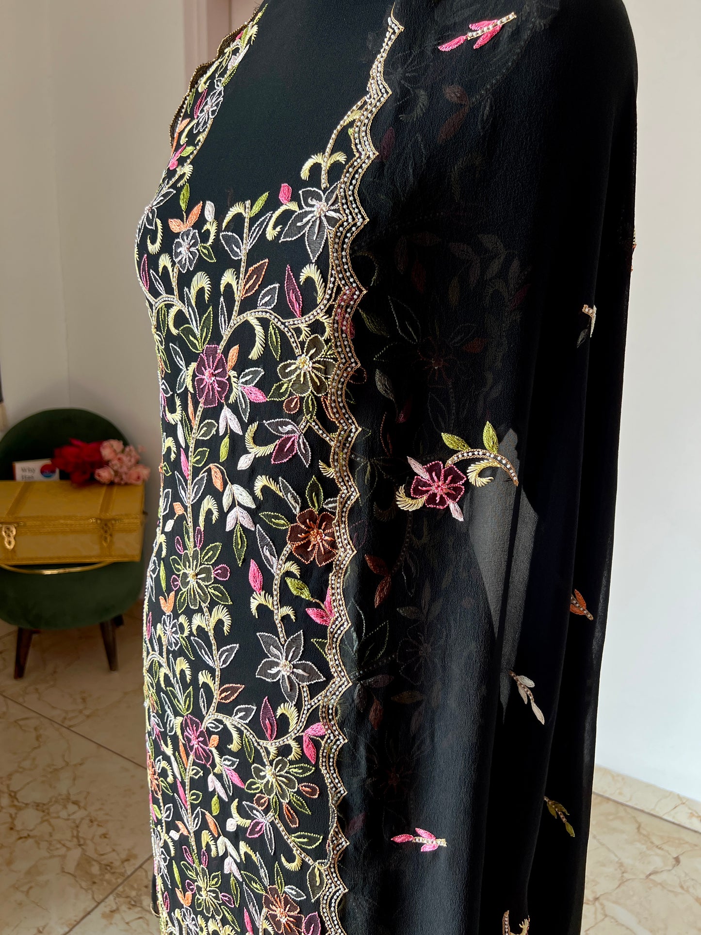 Black Resham Chikankari Parsi Gara and pearl work suit
