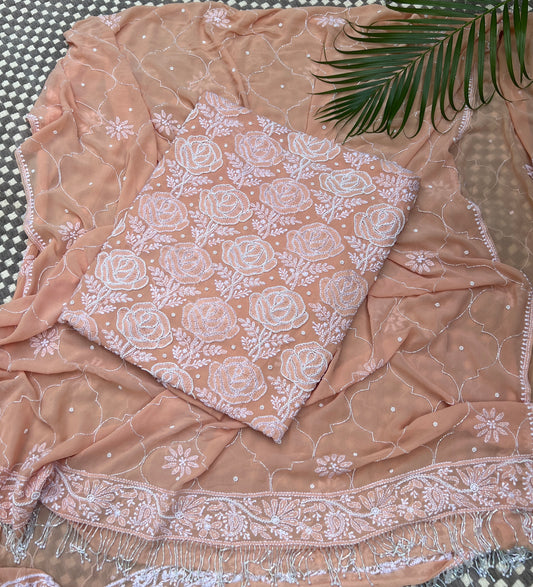 Light Orange Chikankari cut dana pearl sequins work kurta and dupatta