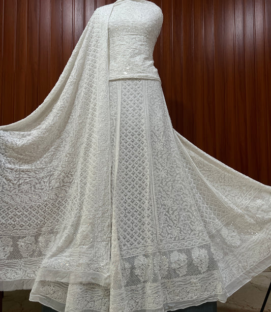 Ruhani White Chikankari Cut Dana Pearl Sequins Wedding Lehenga