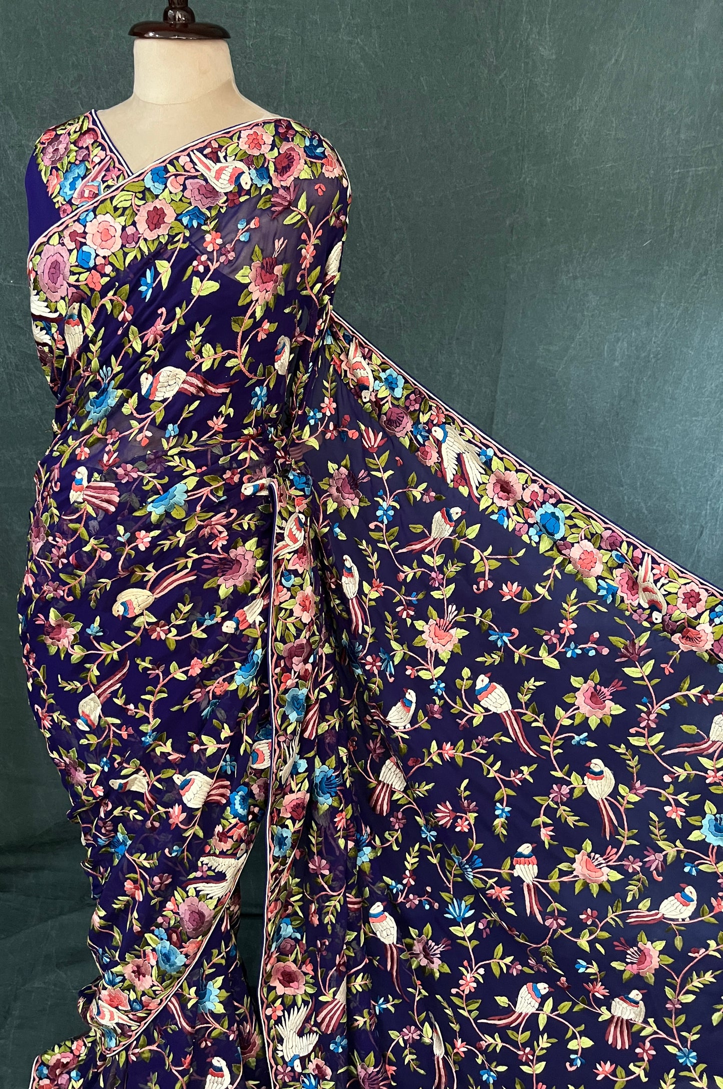 Indigo Blue Masterpiece Parsi Gara Pure Georgette Saree