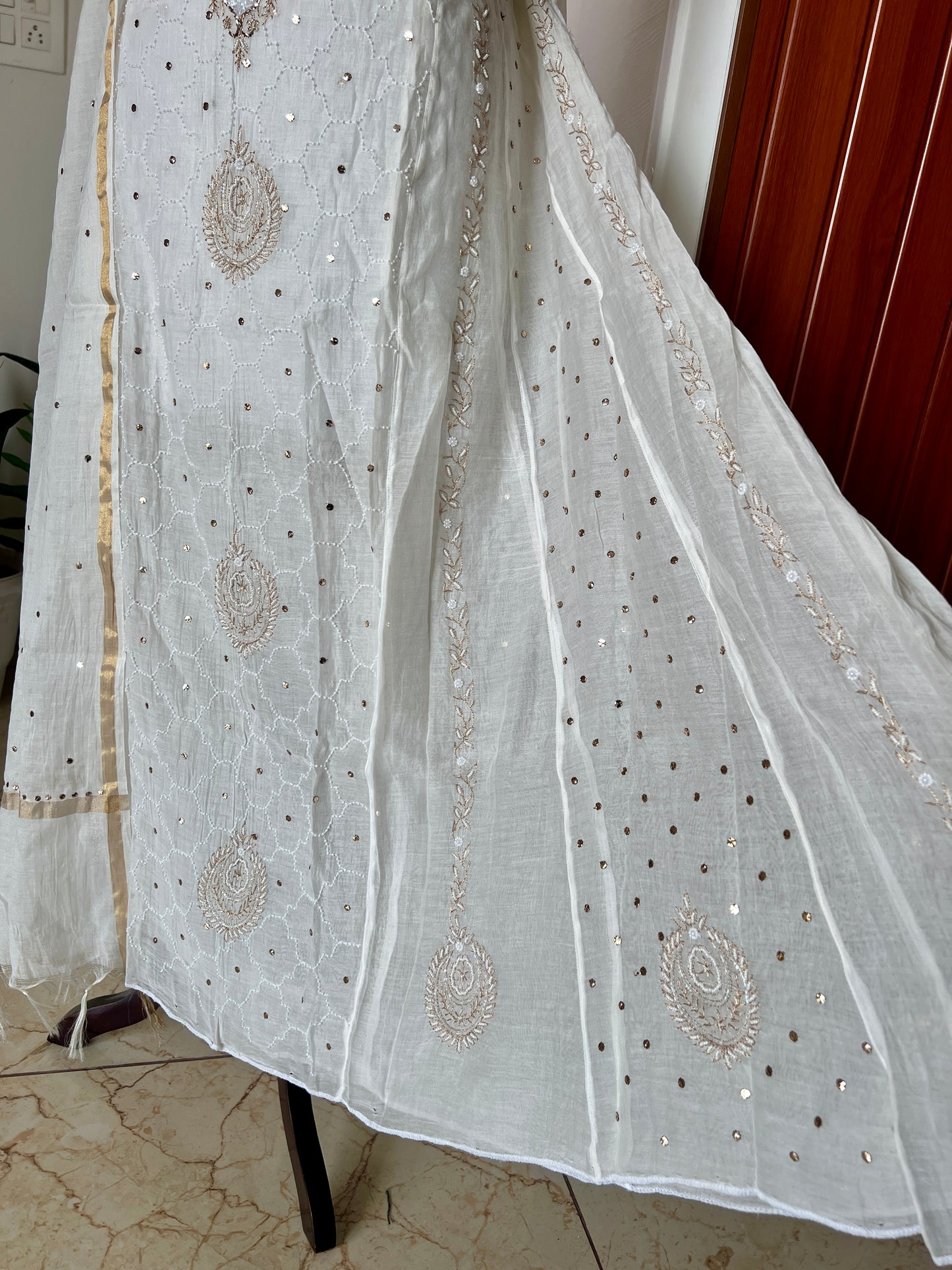 Mul Chanderi Anarkali with Mukaish and pearl work