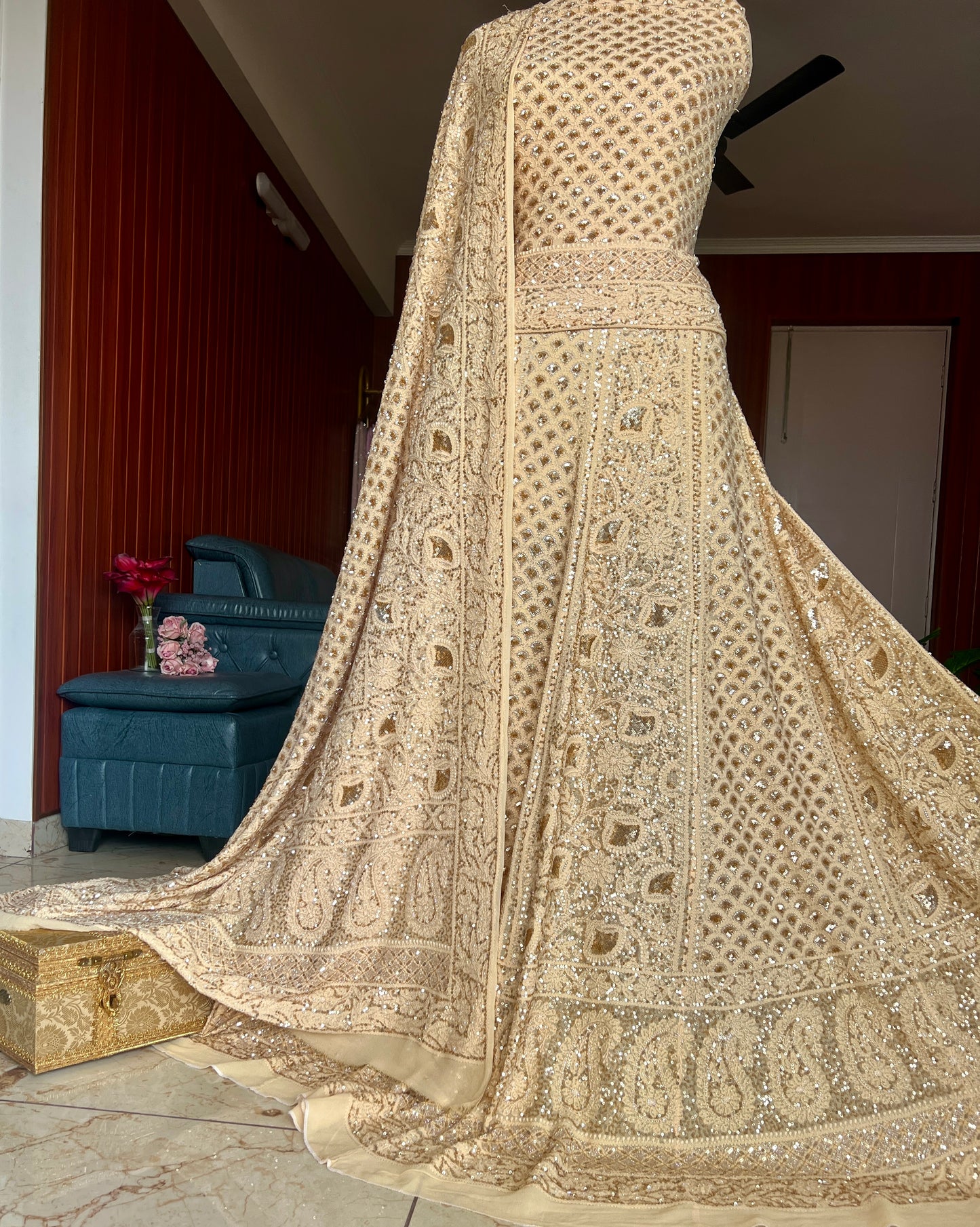 Masterpiece Ruhani Golden Beige Chikankari Sequins Wedding Lehenga