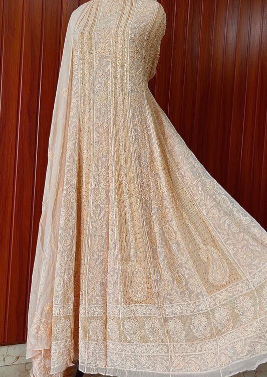 Nude Peach Chikankari Sequins Cut Dana Anarkali with Dupatta