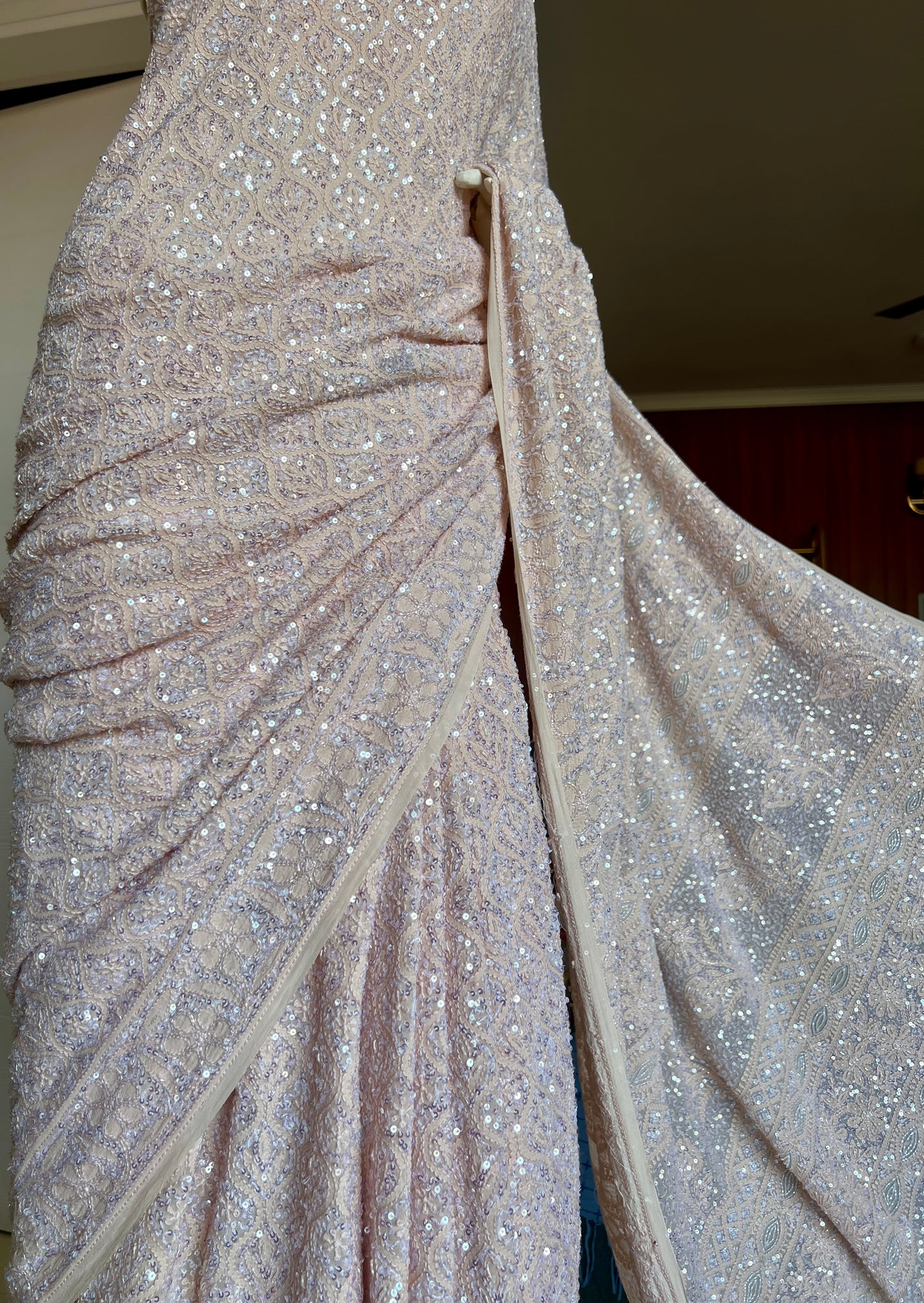 Ruhani Beige Chikankari Sequins Cut Dana Embroidered Masterpiece Saree