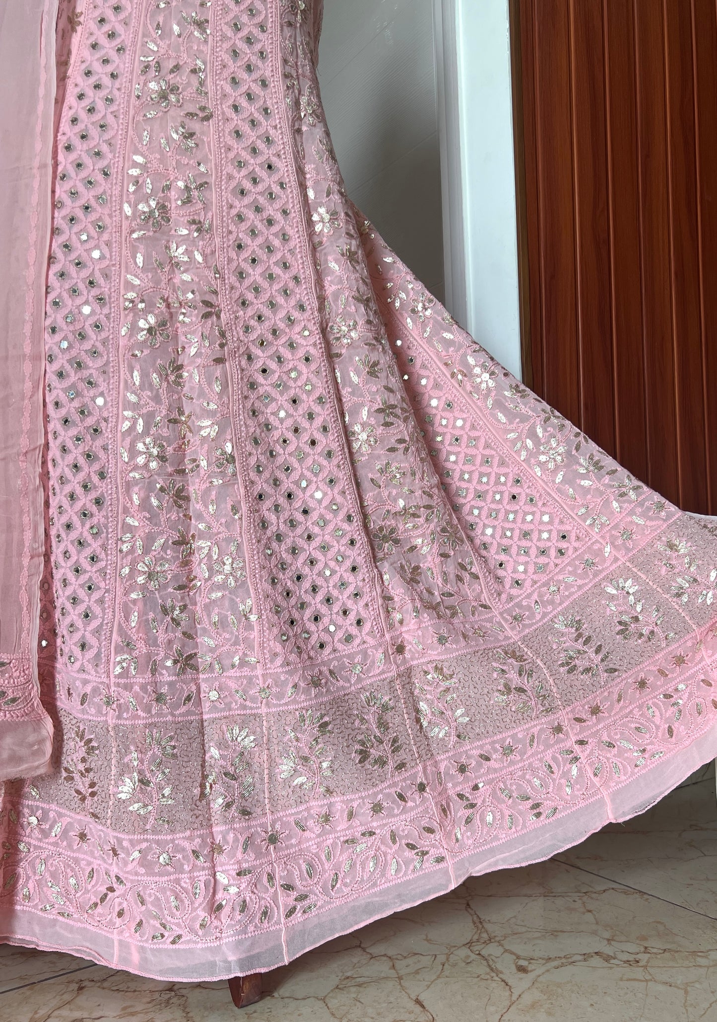 Peachy Chikankari Mirror Gota Patti Anarkali with Dupatta