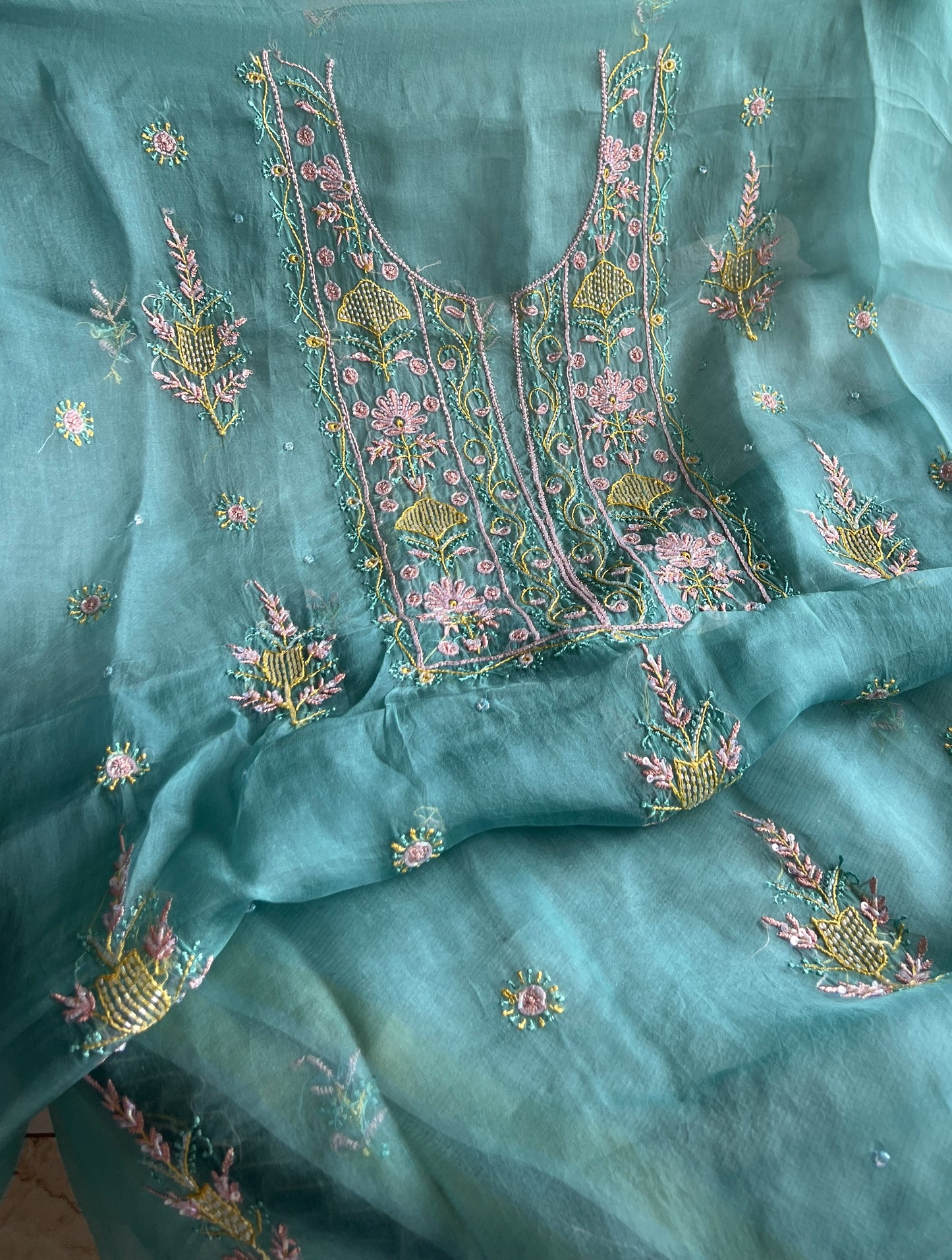 Sage green Resham Chikankari pearl sequins pure Organza kurta with dupatta