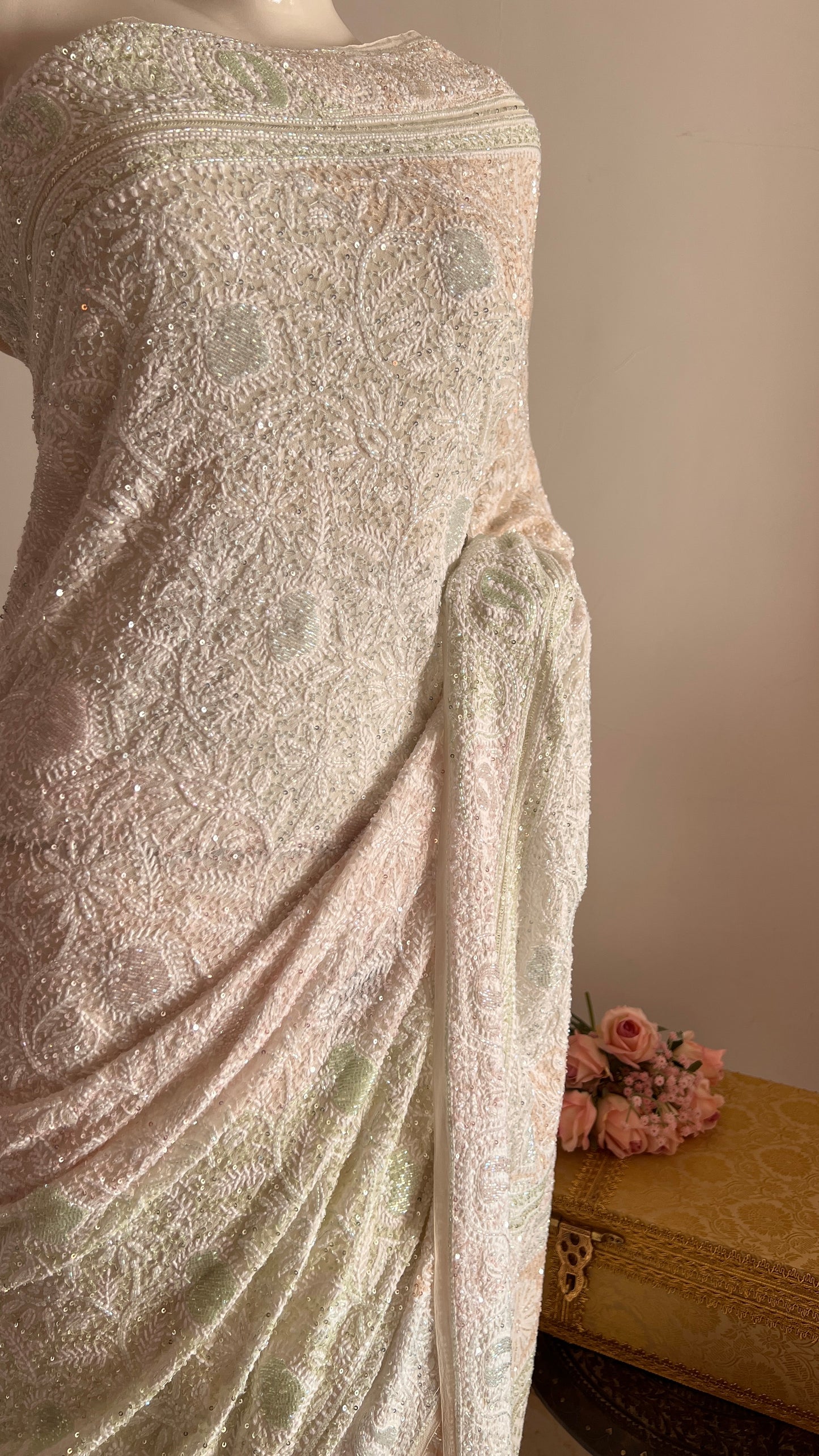 Ruhani Ivory Chikankari Multi Cut Dana and Sequins Saree