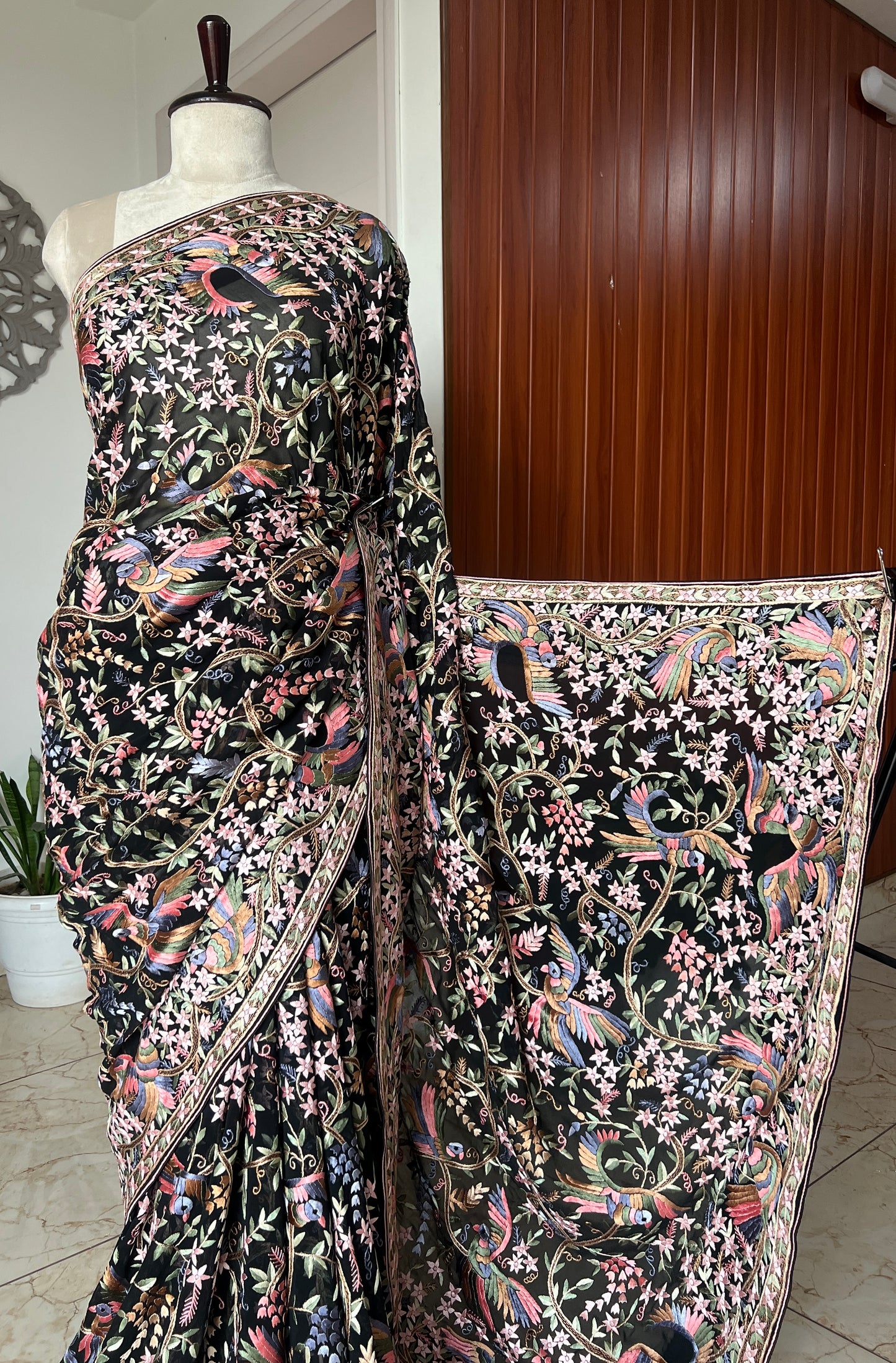 Black Masterpiece Parsi Gara Pure Georgette Saree