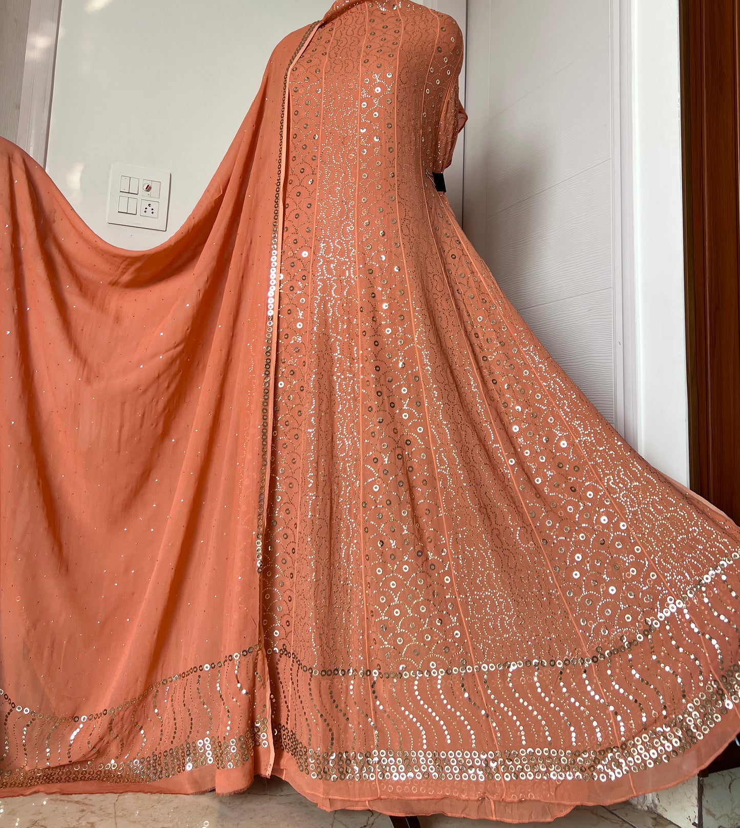 Old Rose Peach designer Mukaish Georgette Anarkali with Dupatta