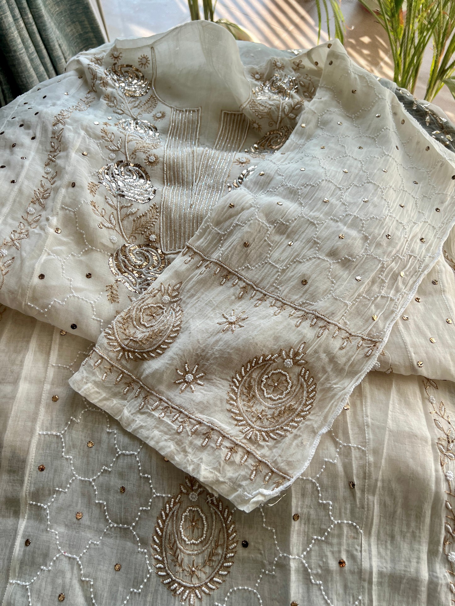 Mul Chanderi Anarkali with Mukaish and pearl work