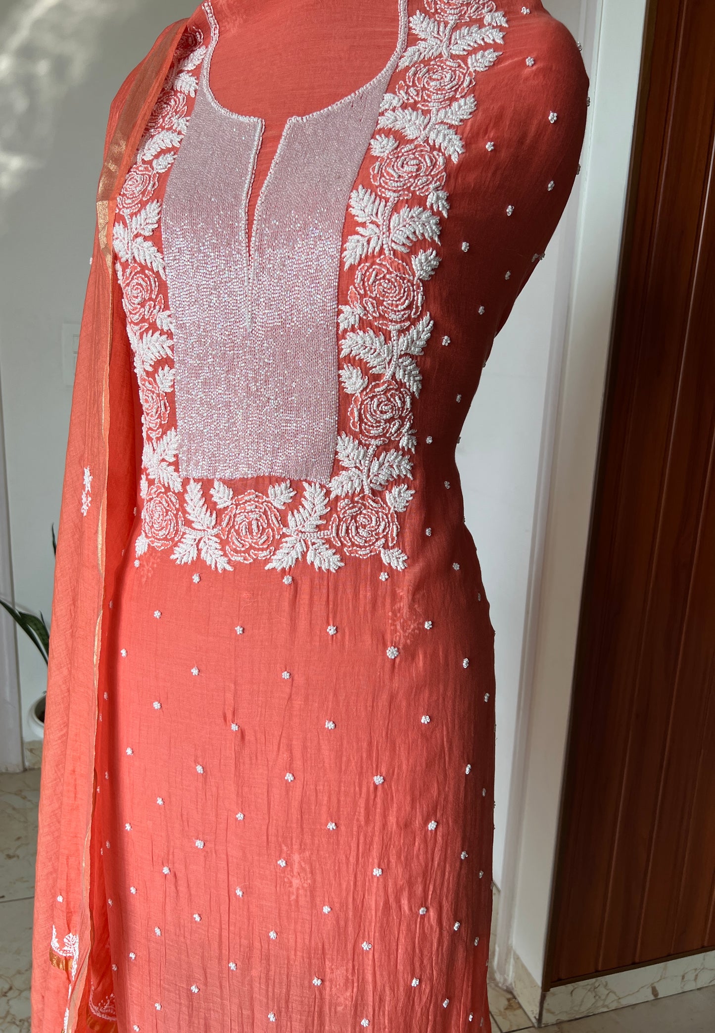Coral orange pearl and sequins Kurta and Dupatta