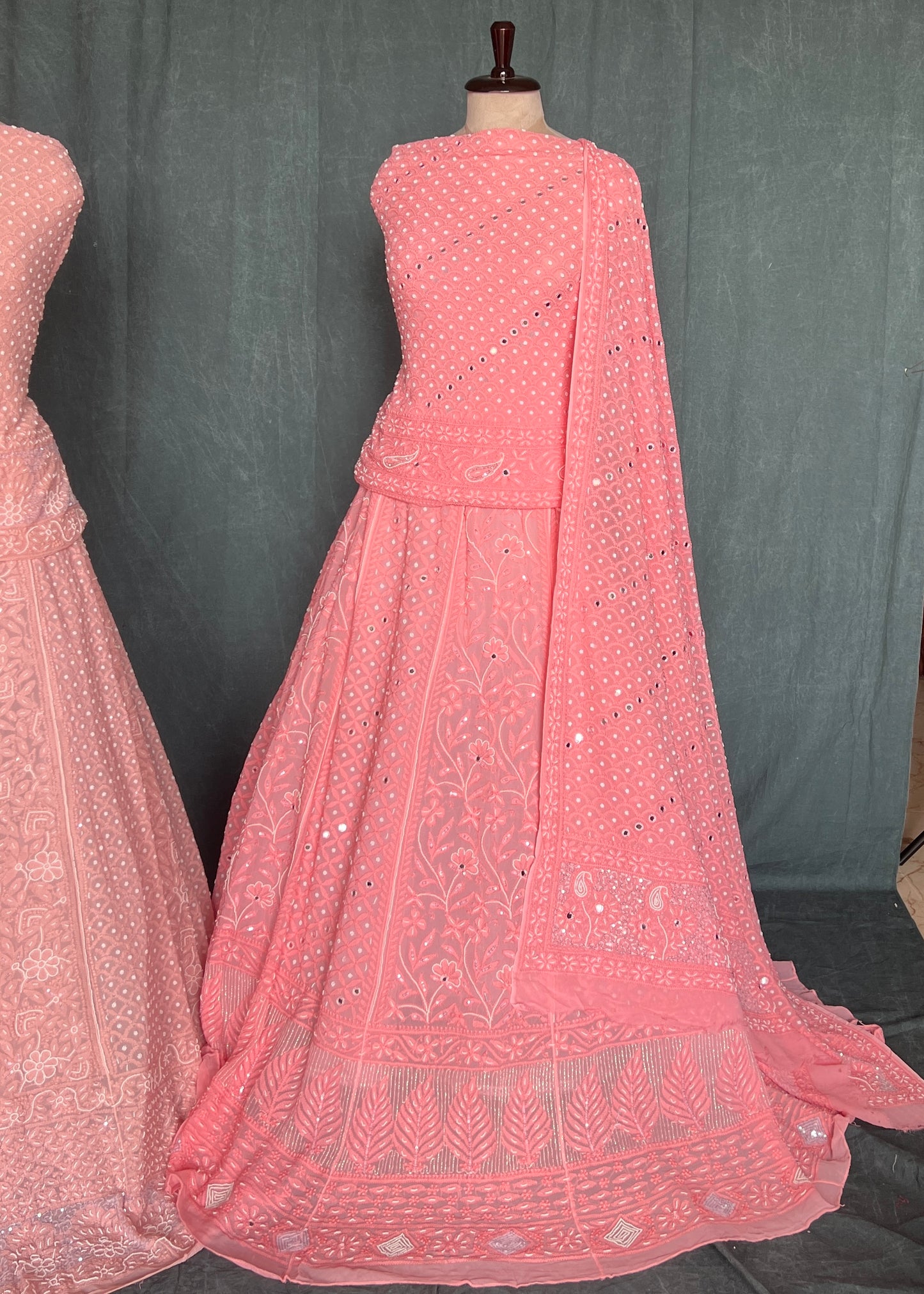 Coral peach Chikankari Pearl & Mirror work Lehenga