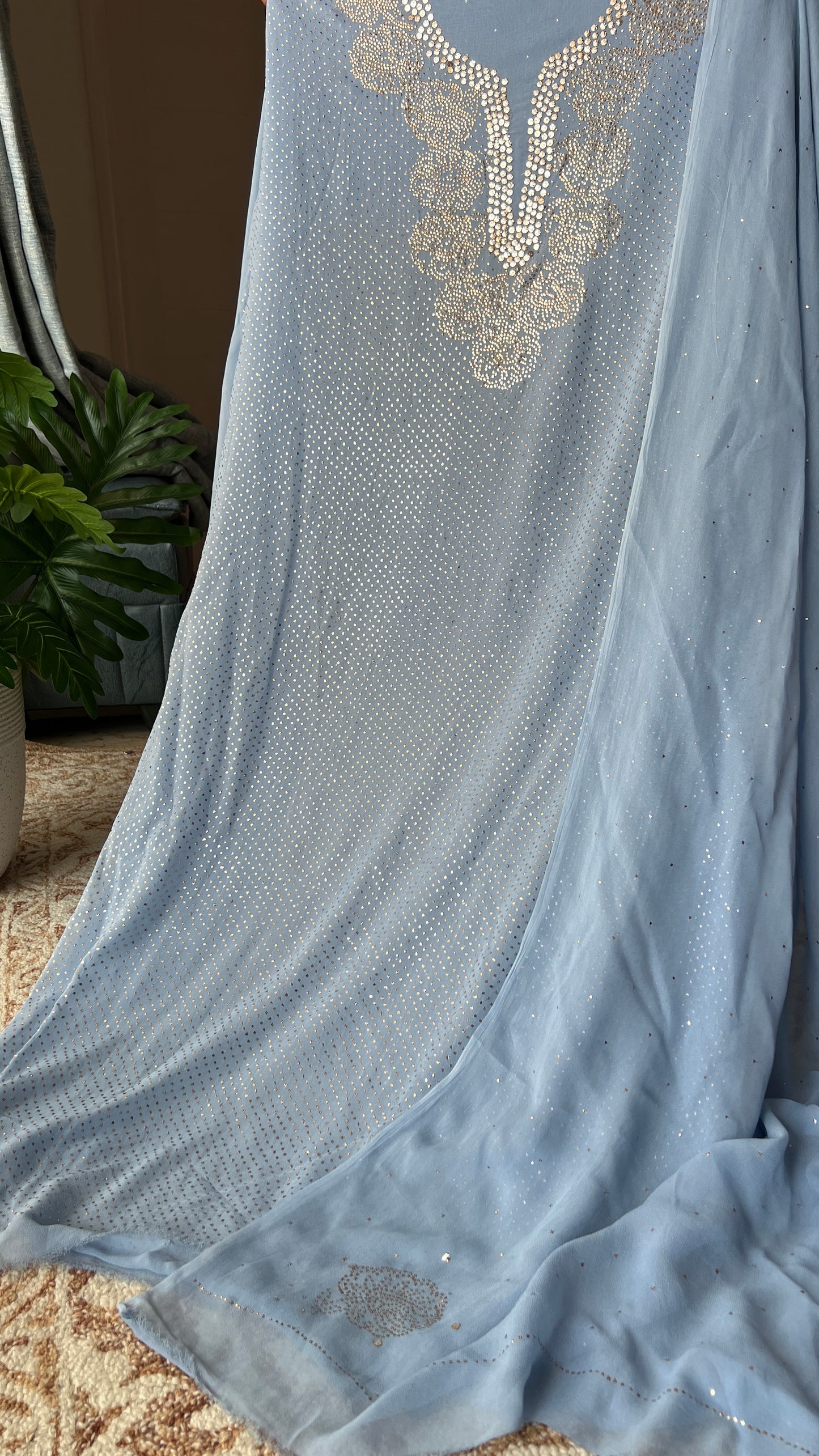 Sky blue bareek mukaish work Kurta and Dupatta