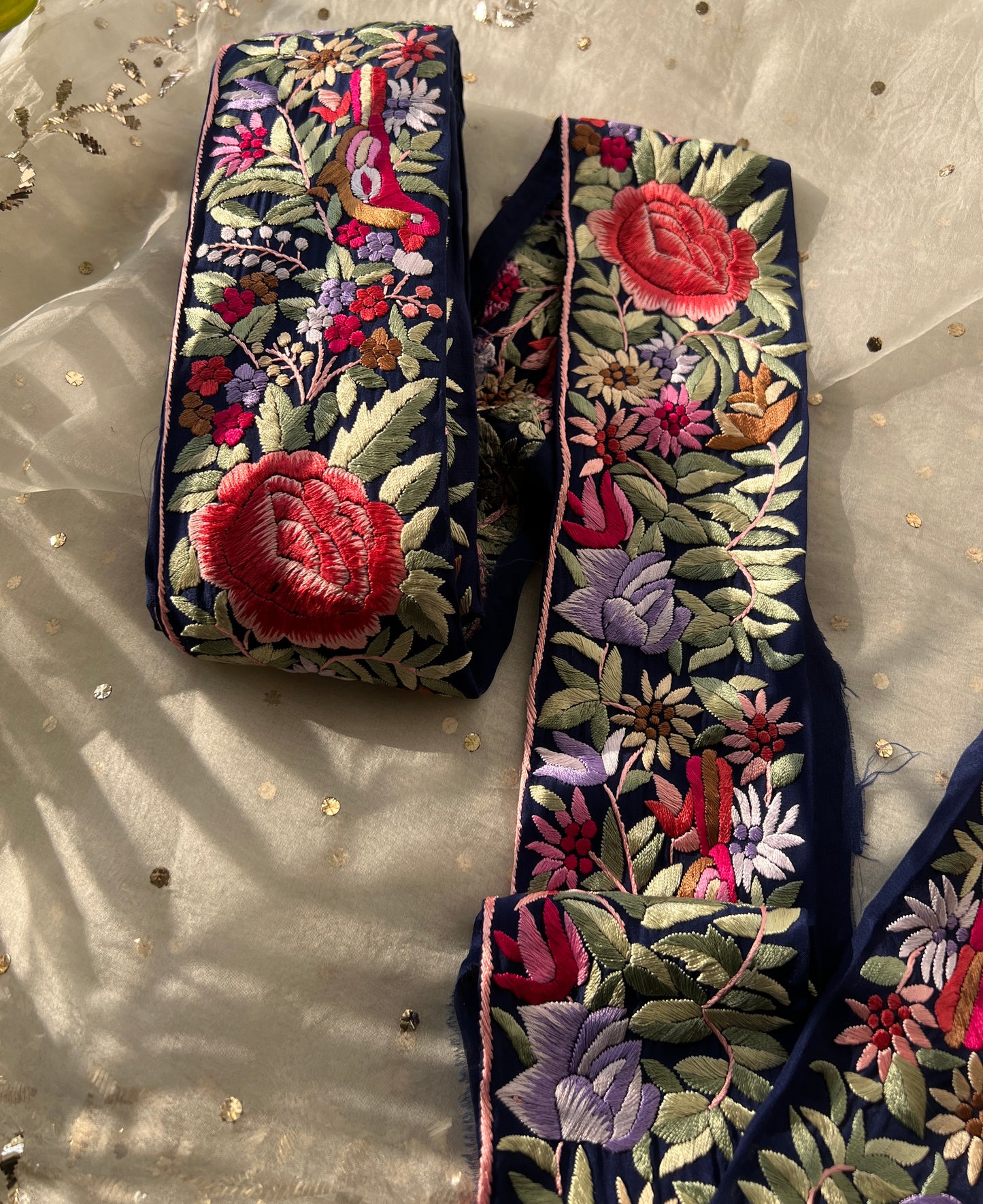 Blue hand embroidered parsi gara border