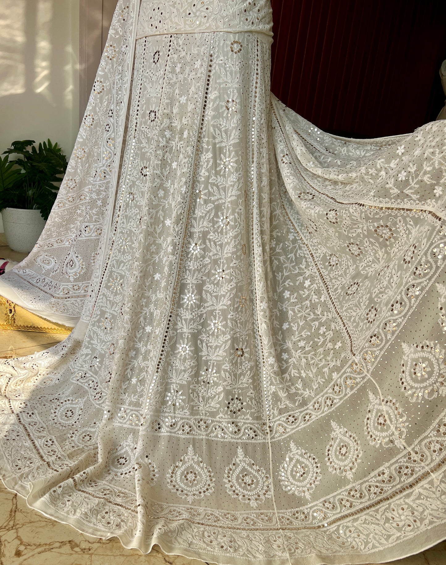 Ruhani fine Chikankari and intricate Mukaish Lehenga Set
