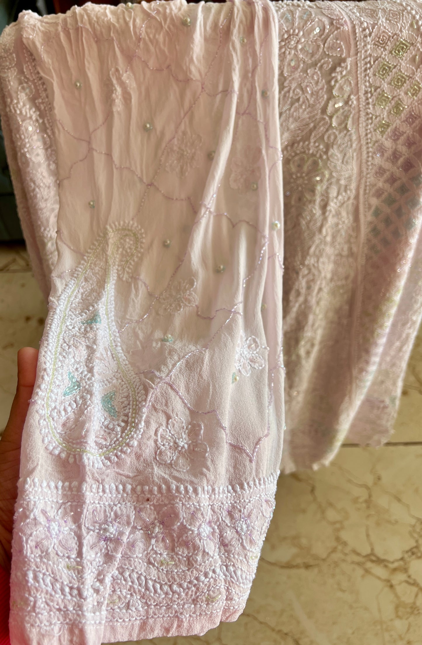 Ruhani Light Pink Chikankari multicolored Sequins and Cut Dana Anarkali