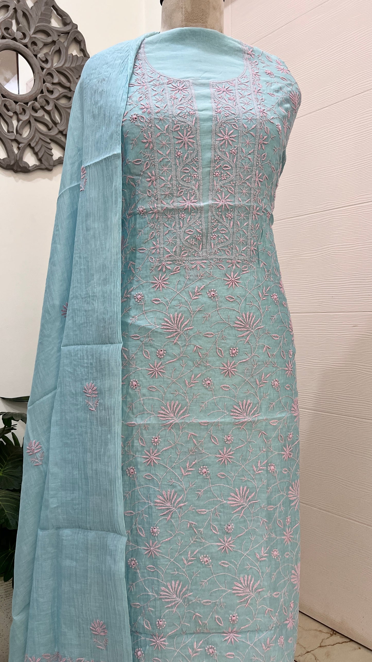 Firozi and pink Mul chanderi Chikankari embroidered kurta and dupatta