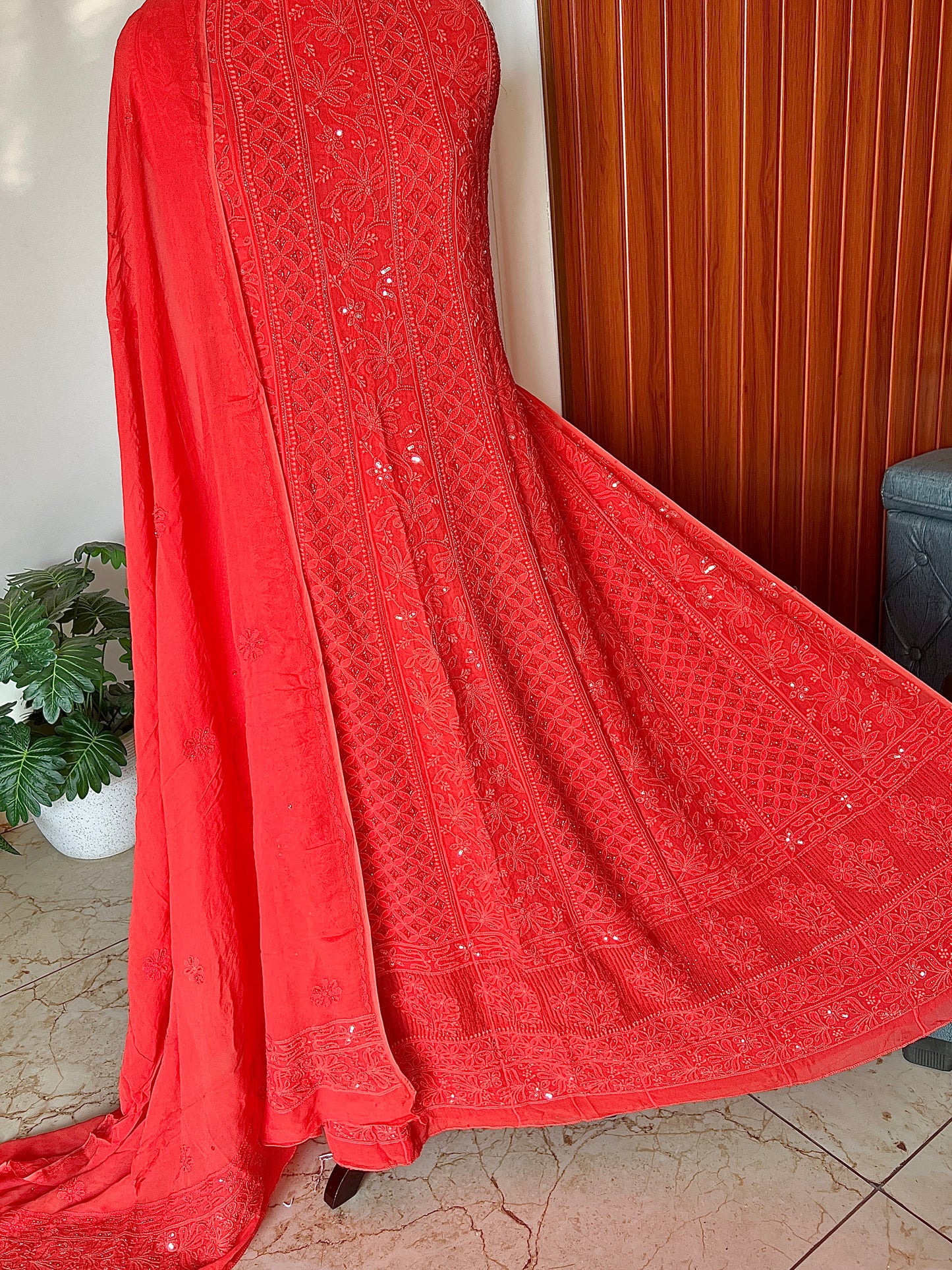 Coral Orange Chikankari Cut Dana and sequins Anarkali with Dupatta