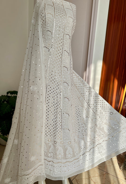 White allover Chikankari and mukaish anarkali with dupatta