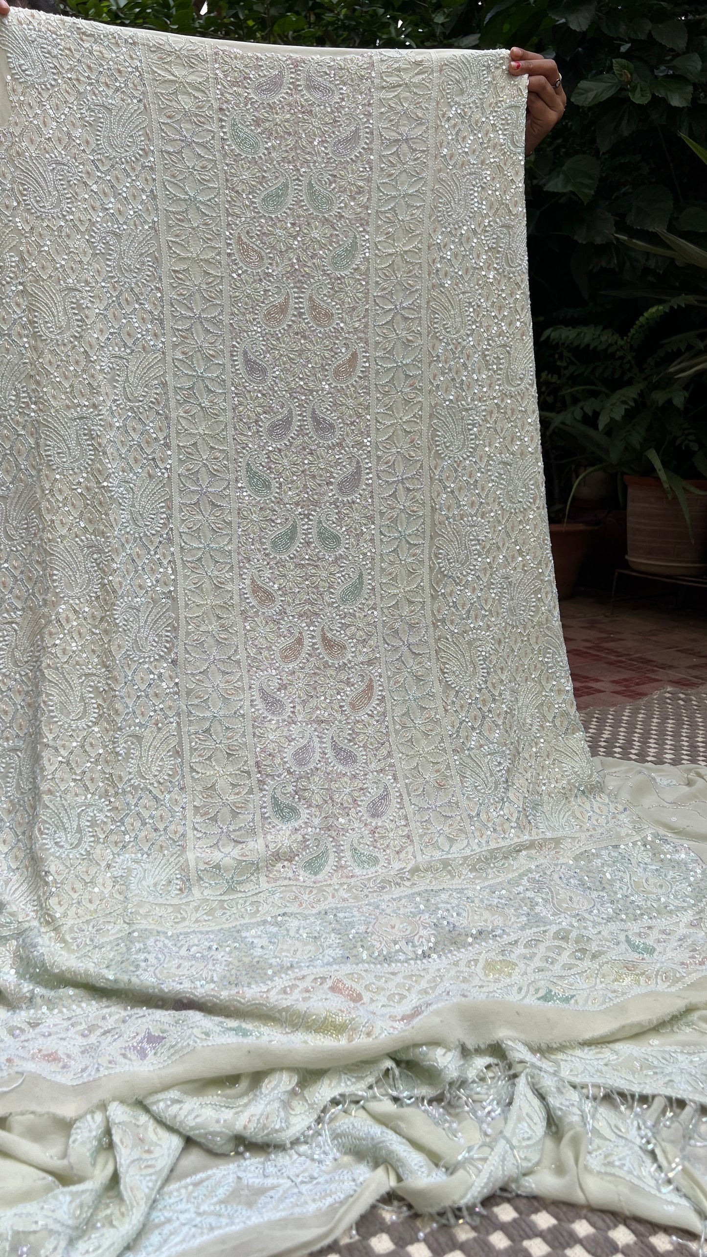 Pastel pista green multi cut dana sequins kurta and dupatta