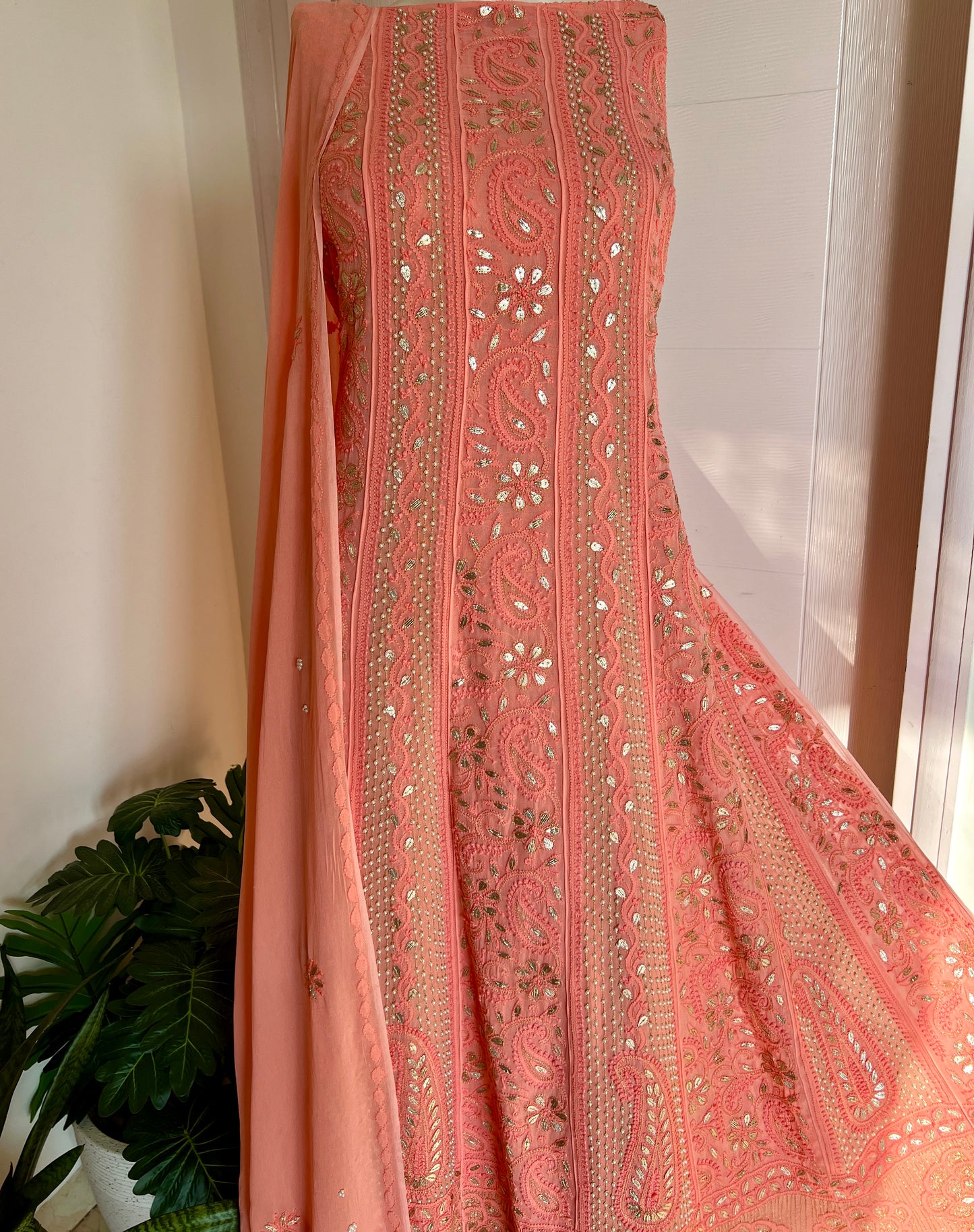 Blush peach Chikankari pearl and Gota Patti Anarkali