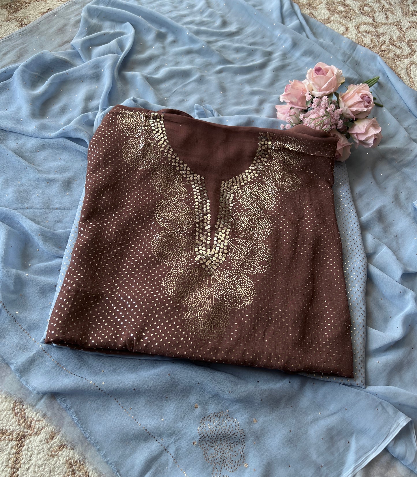 Brown bareek mukaish work Kurta and Dupatta