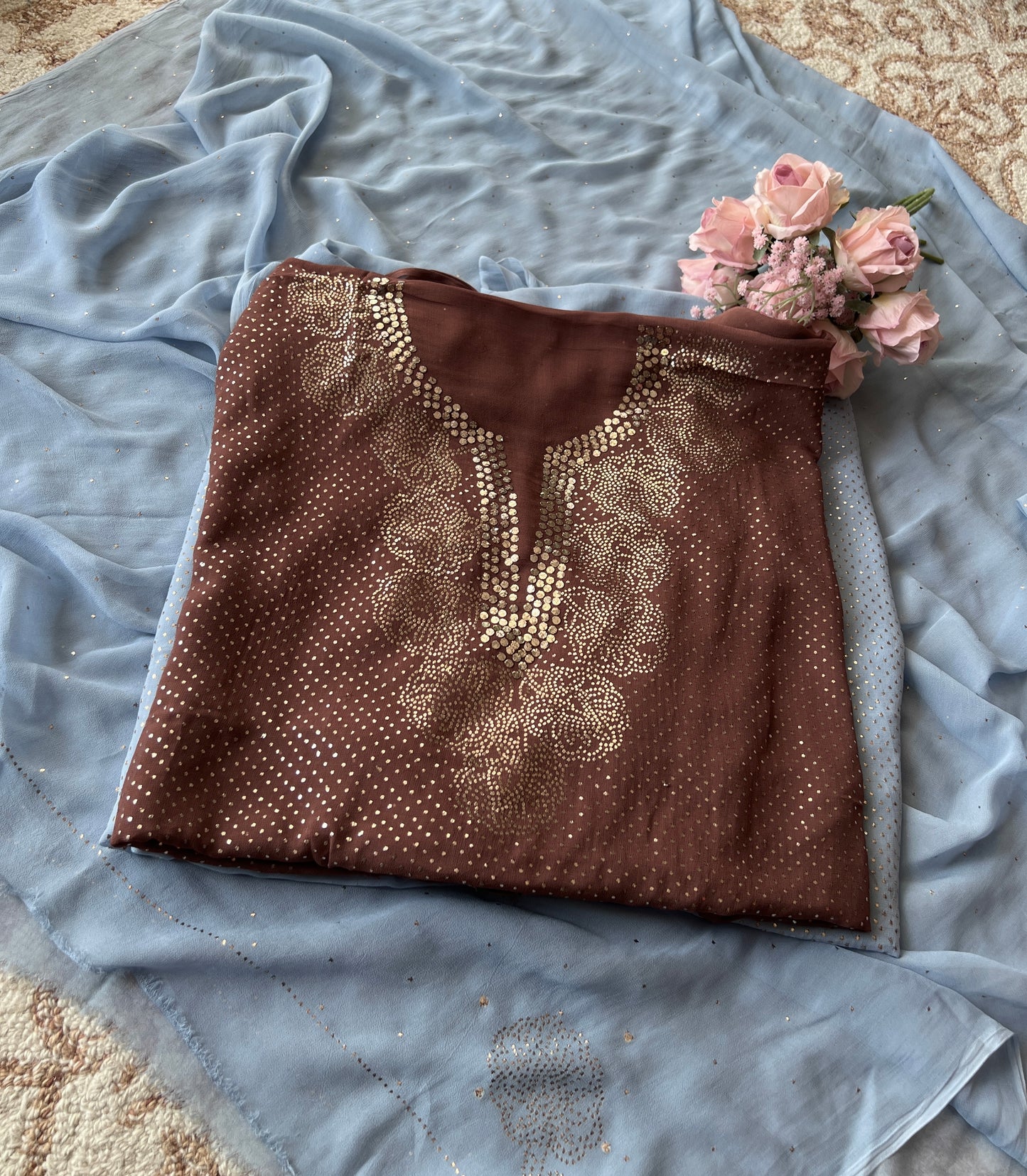 Brown bareek mukaish work Kurta and Dupatta