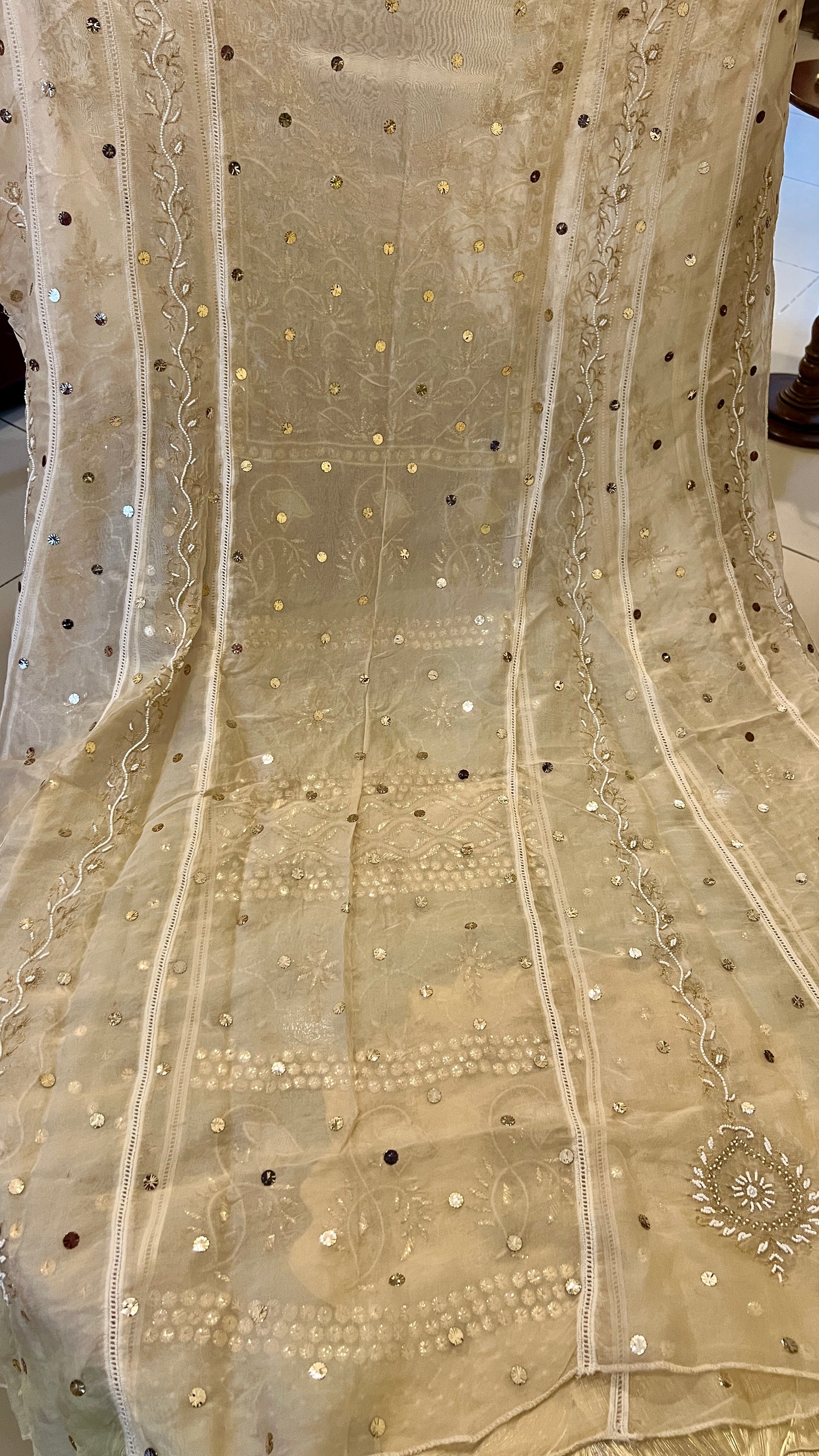 Pure Organza Anarkali with mukaish sequins and pearl work