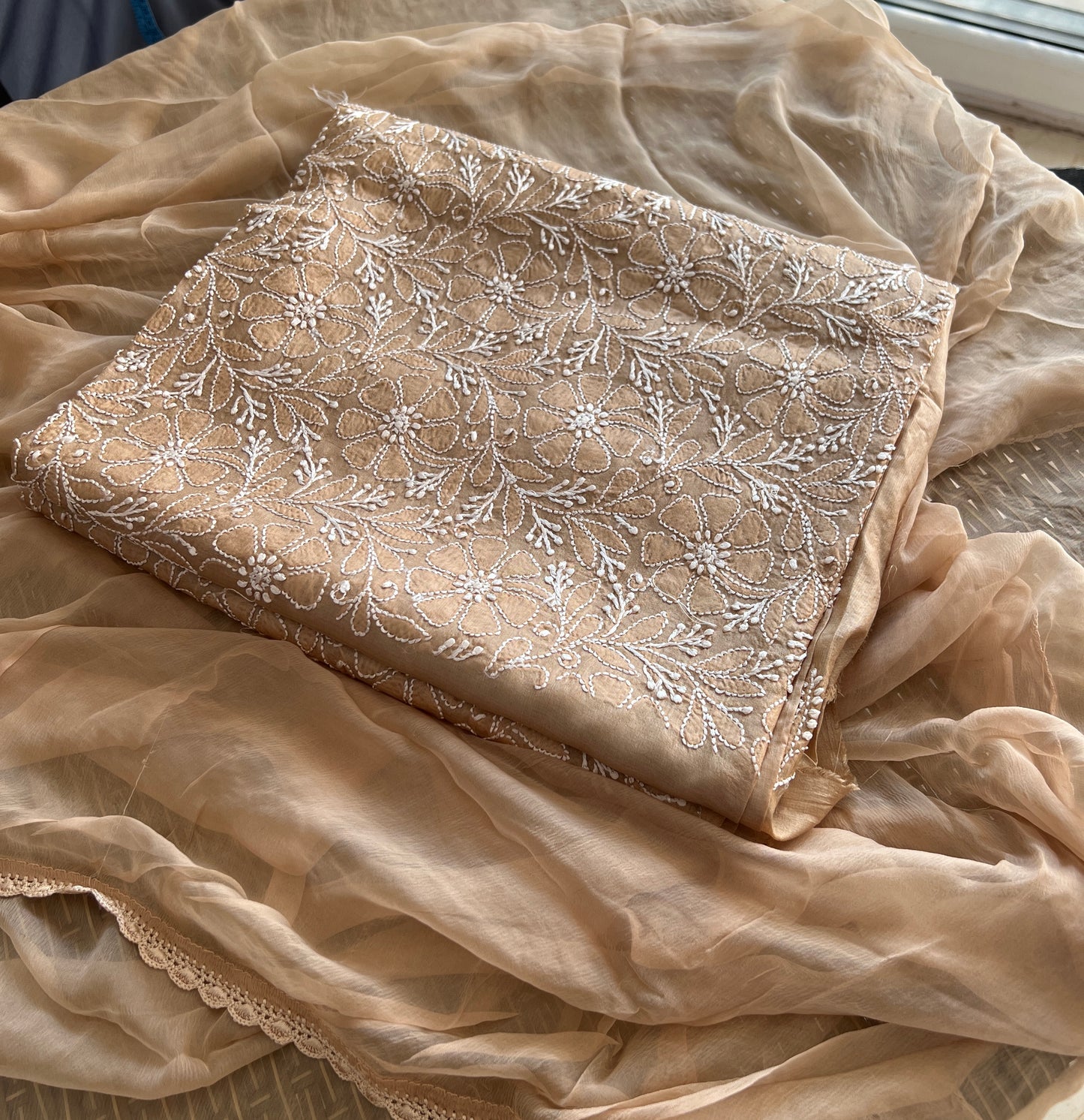 Tussar silk Chikankari embroidered kurta with chiffon dupatta