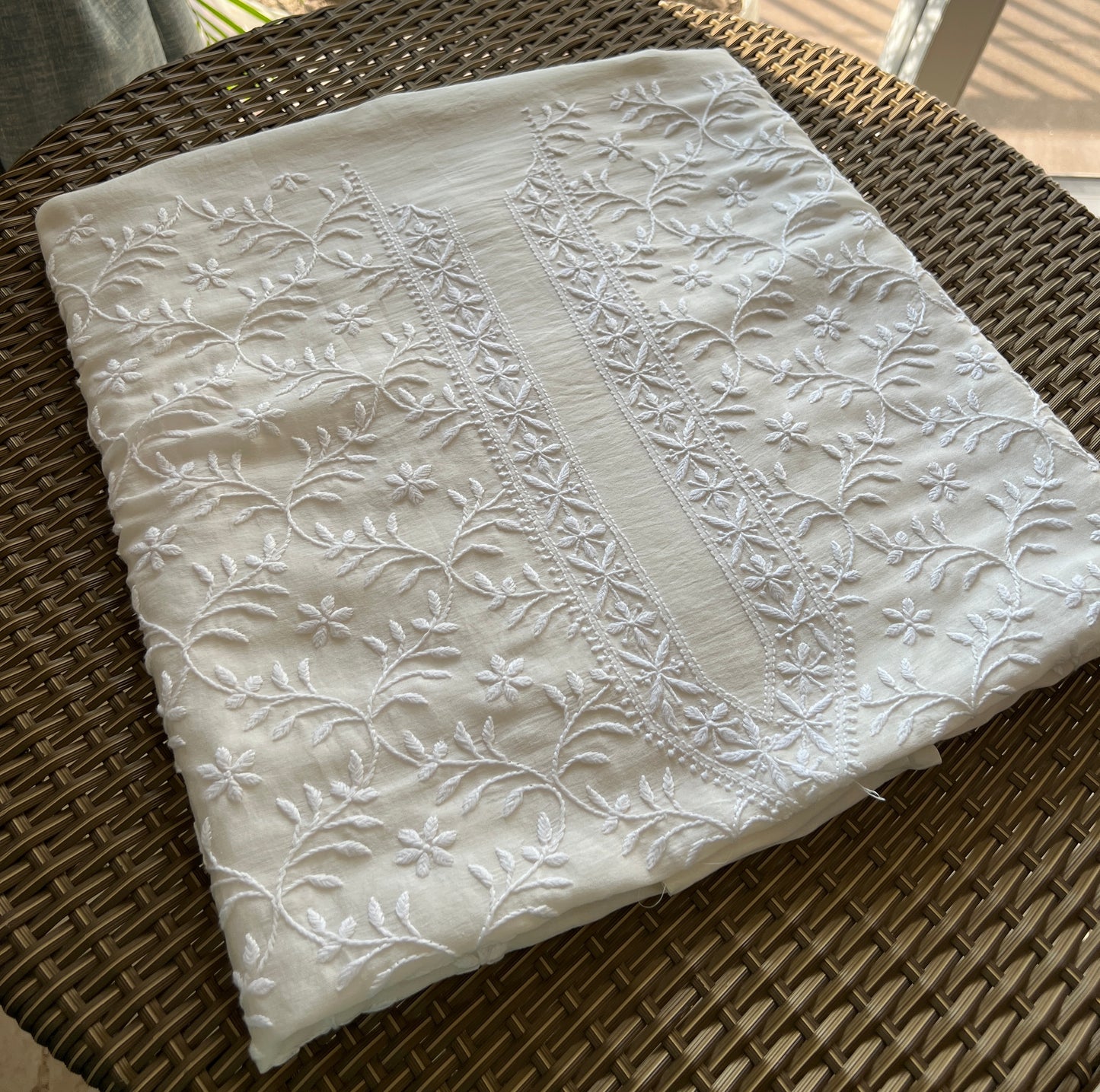 Ivory Chanderi Silk Men's Kurta fabric with fine Chikankari