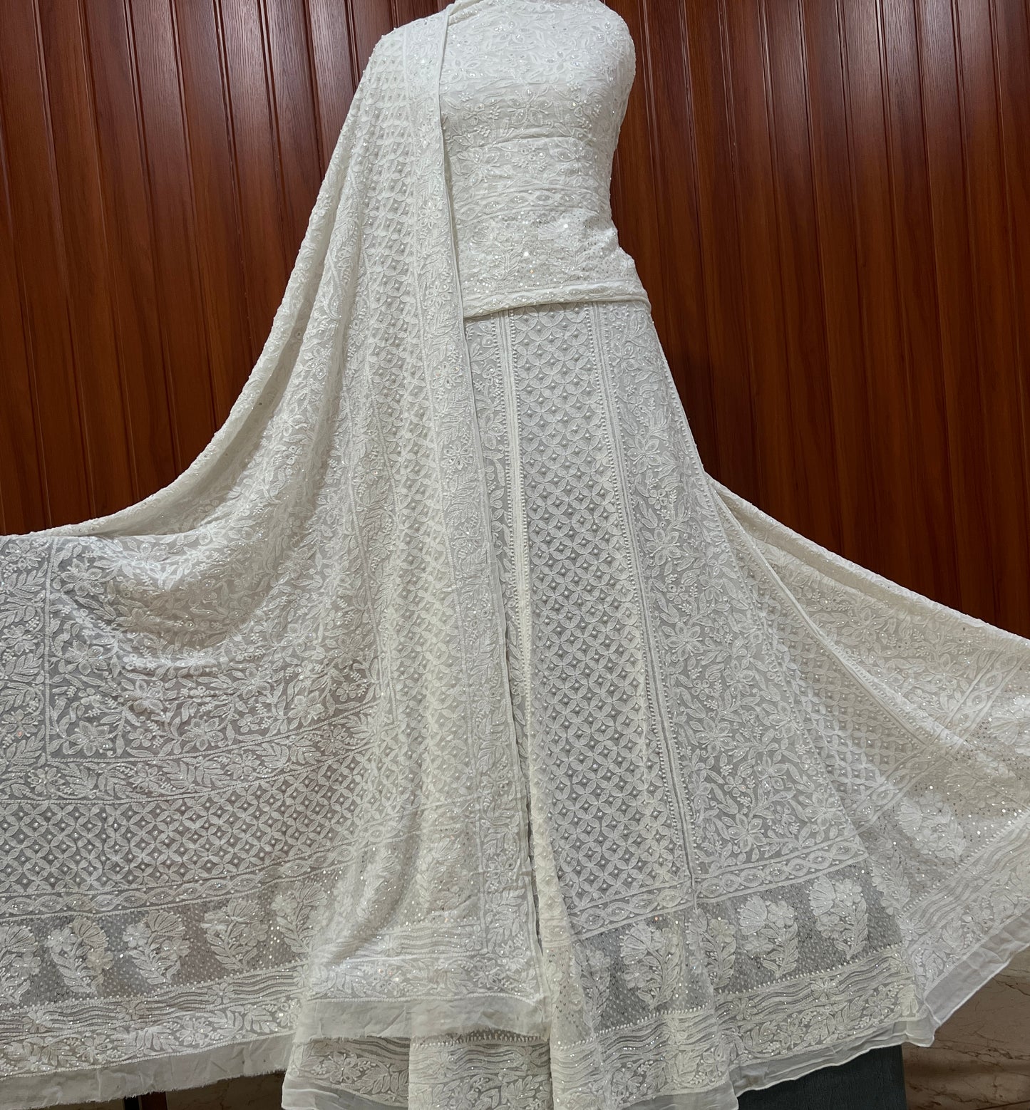 Ruhani White Chikankari Cut Dana Pearl Sequins Wedding Lehenga
