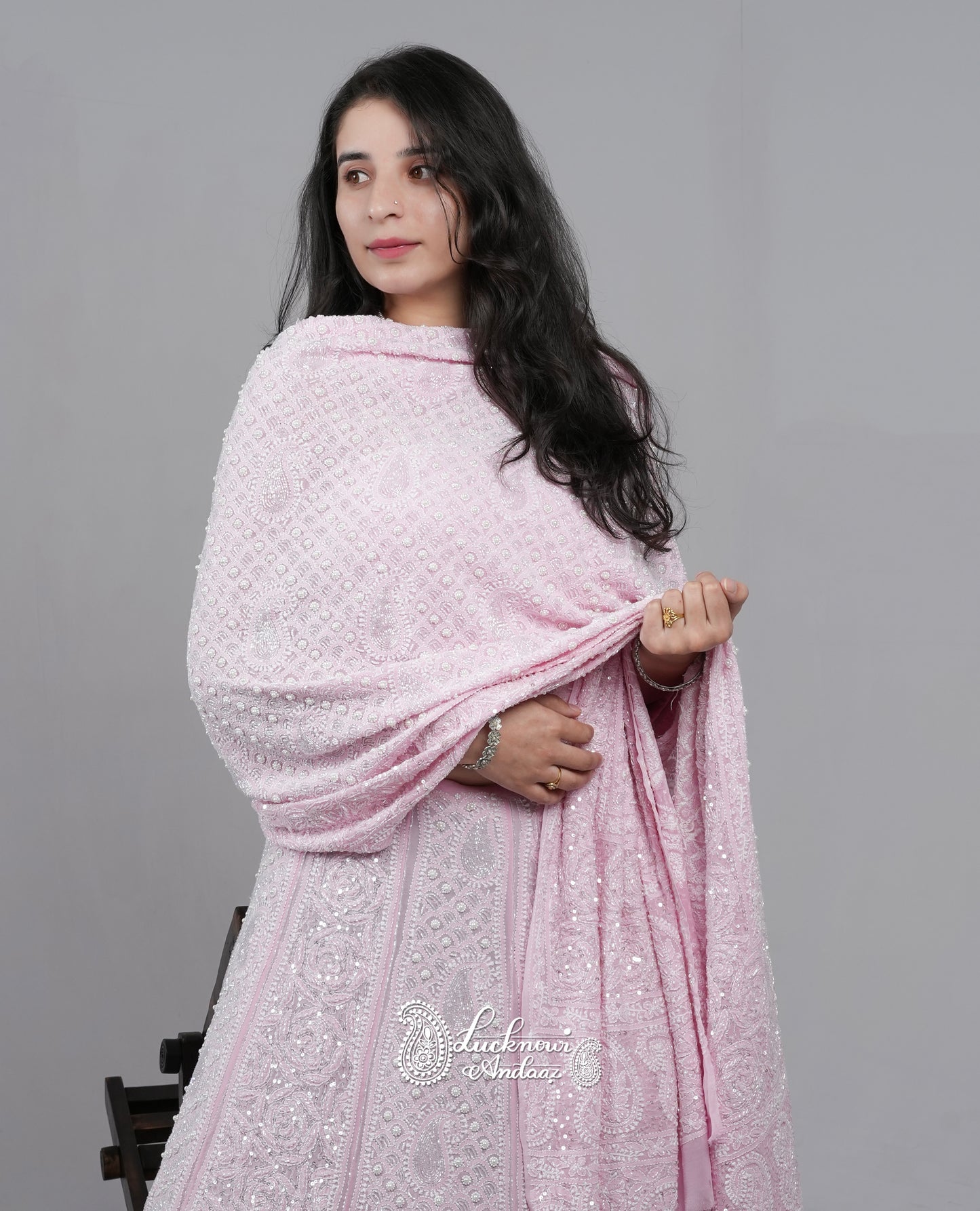 Ruhani Pink Chikankari Pearl Cut Dana Sequins Wedding Lehenga