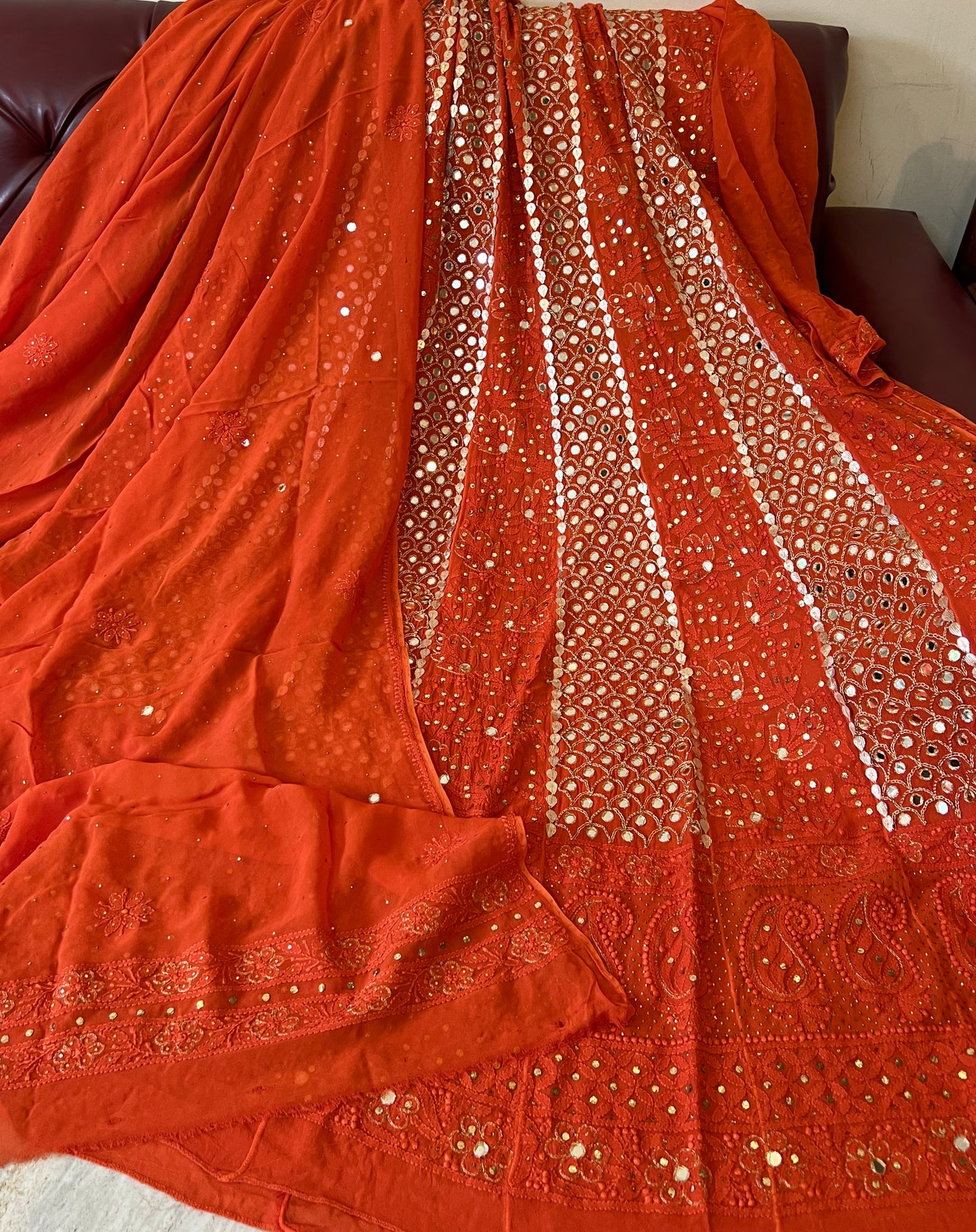 Orange Chikankari Mukaish Mirror and Gota Patti Anarkali with Dupatta
