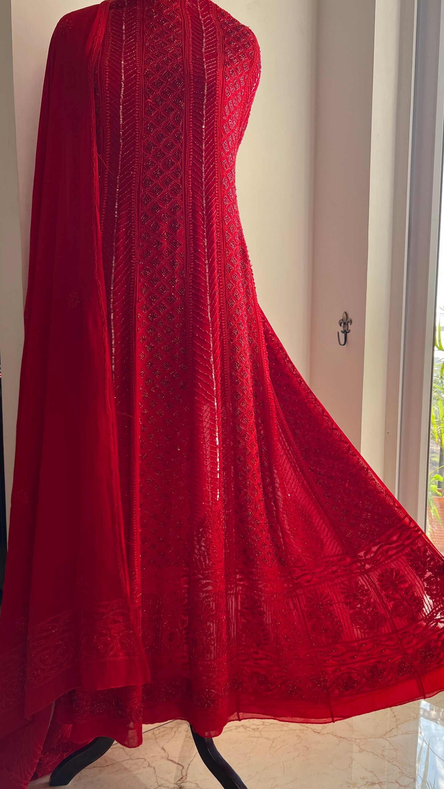Red Chikankari Cut Dana and sequins Anarkali with Dupatta