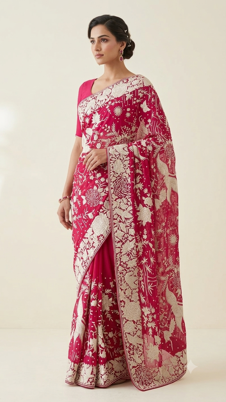 Ruby Pink Masterpiece Parsi Gara Pure Crepe Saree