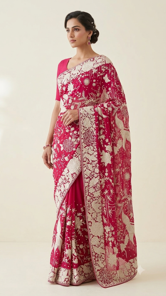 Ruby Pink Masterpiece Parsi Gara Pure Crepe Saree