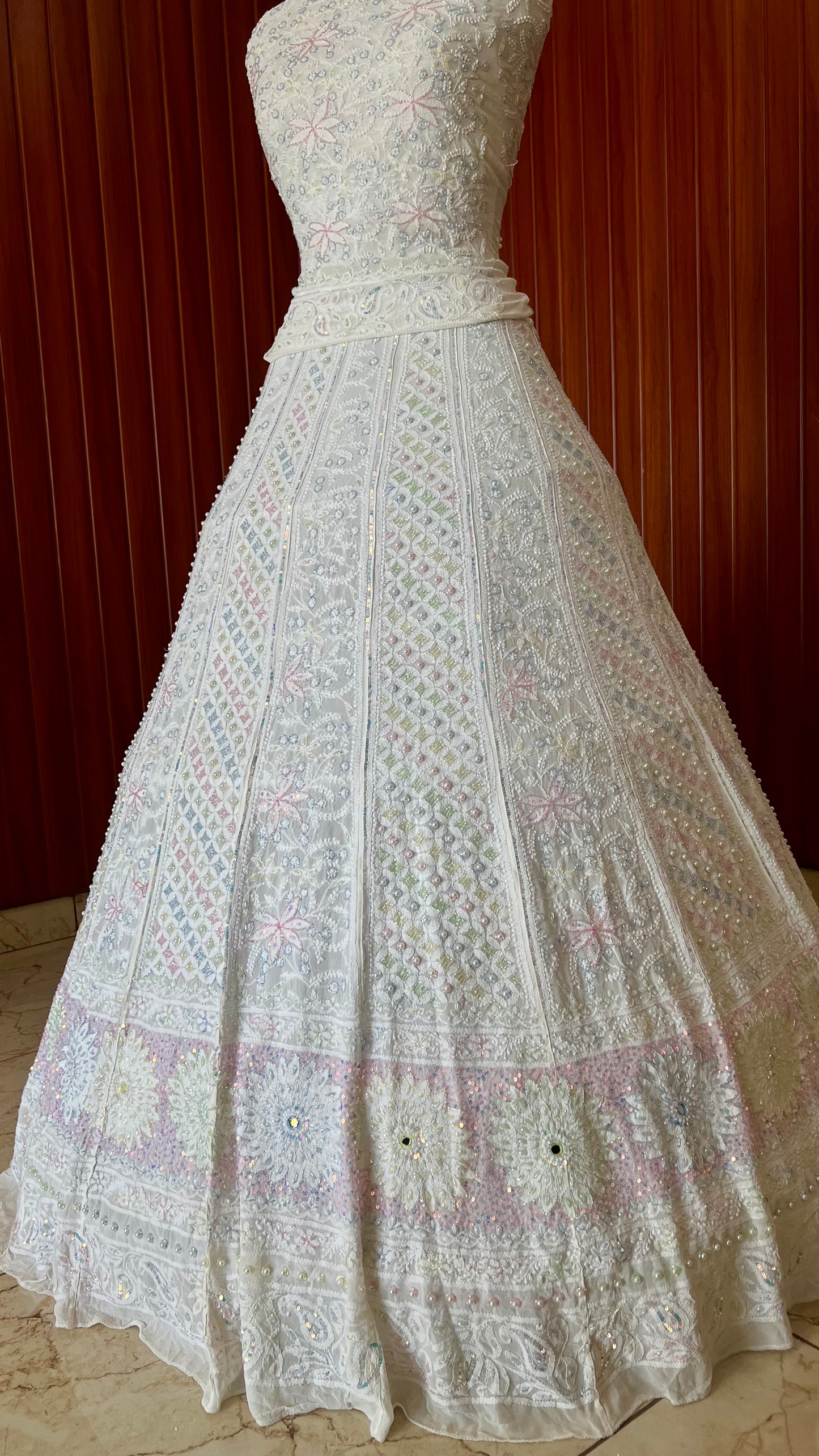 Ruhani Ivory Chikankari Mirror Multicolored Cut Dana Sequins Wedding Lehenga
