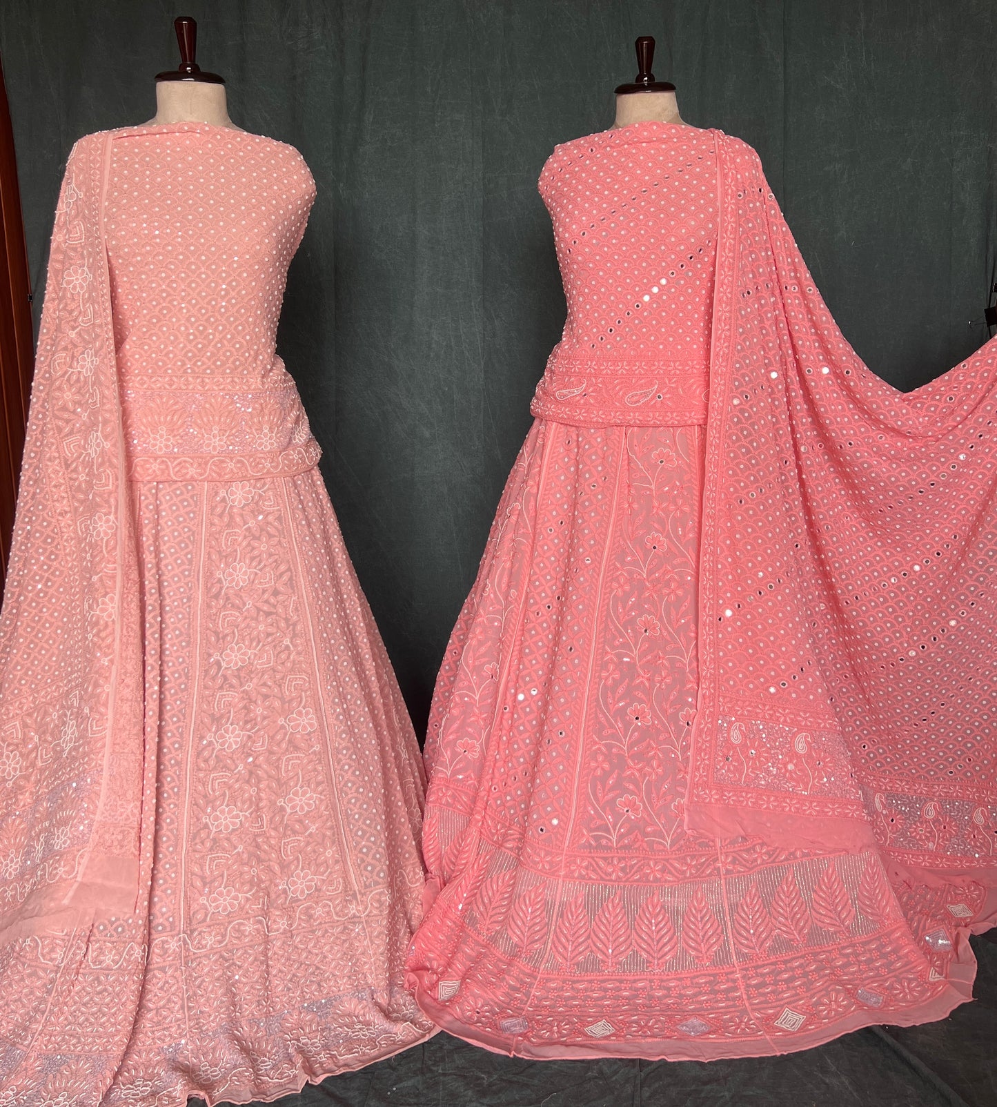 Coral peach Chikankari Pearl & Mirror work Lehenga