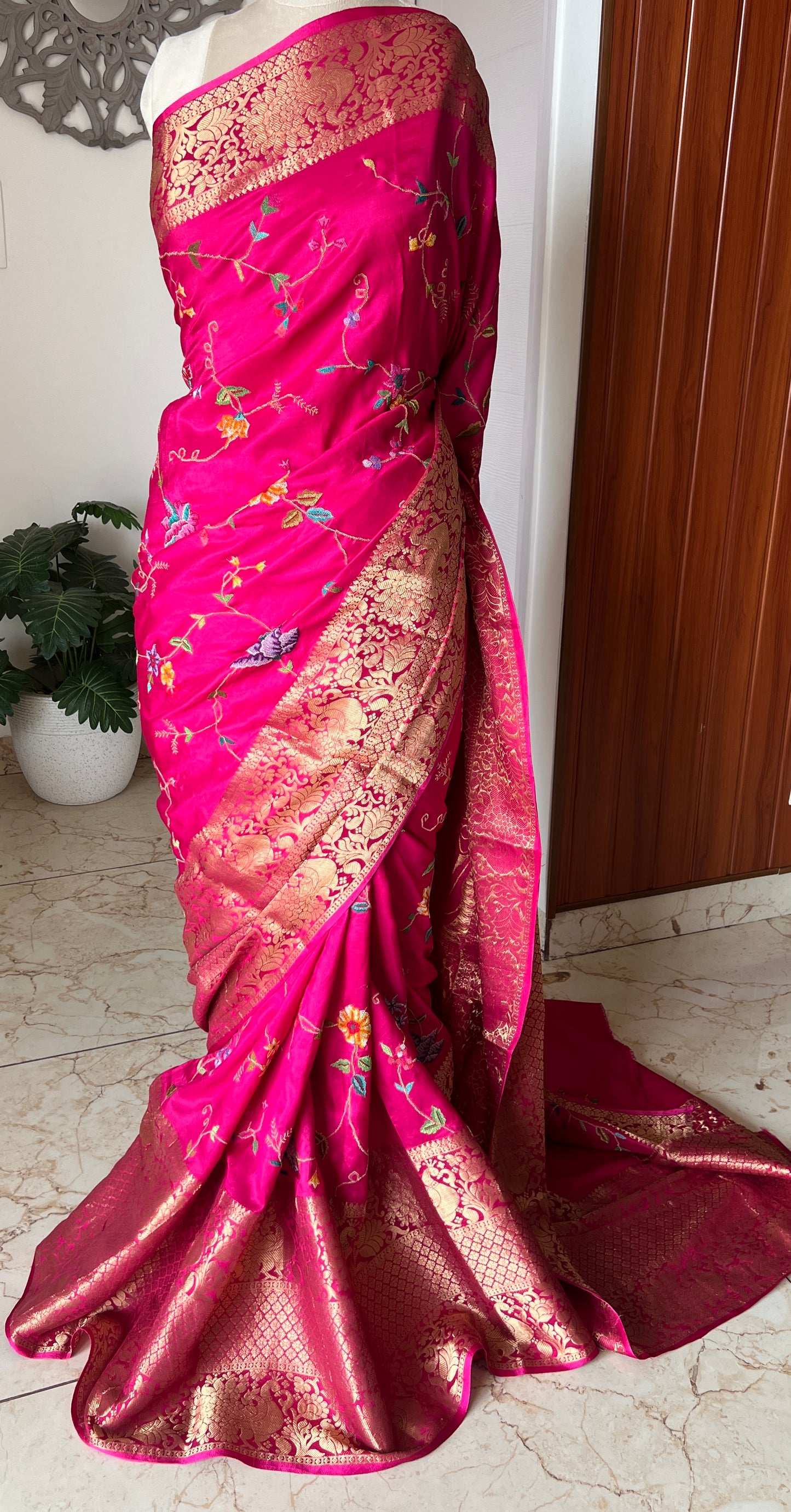 Hot Pink Petit Point Hand Embroidered Saree