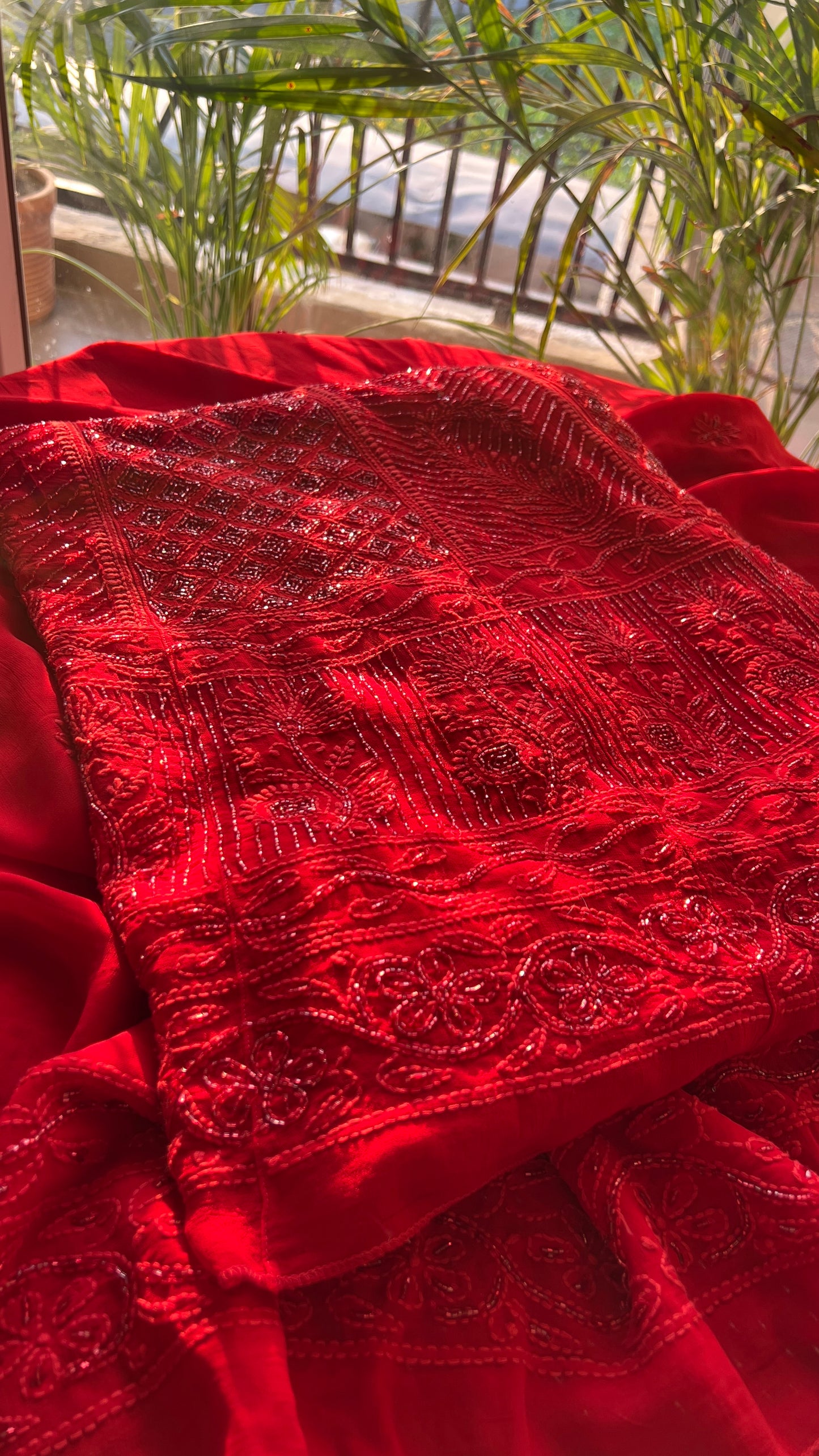 Red Chikankari Cut Dana and sequins Anarkali with Dupatta