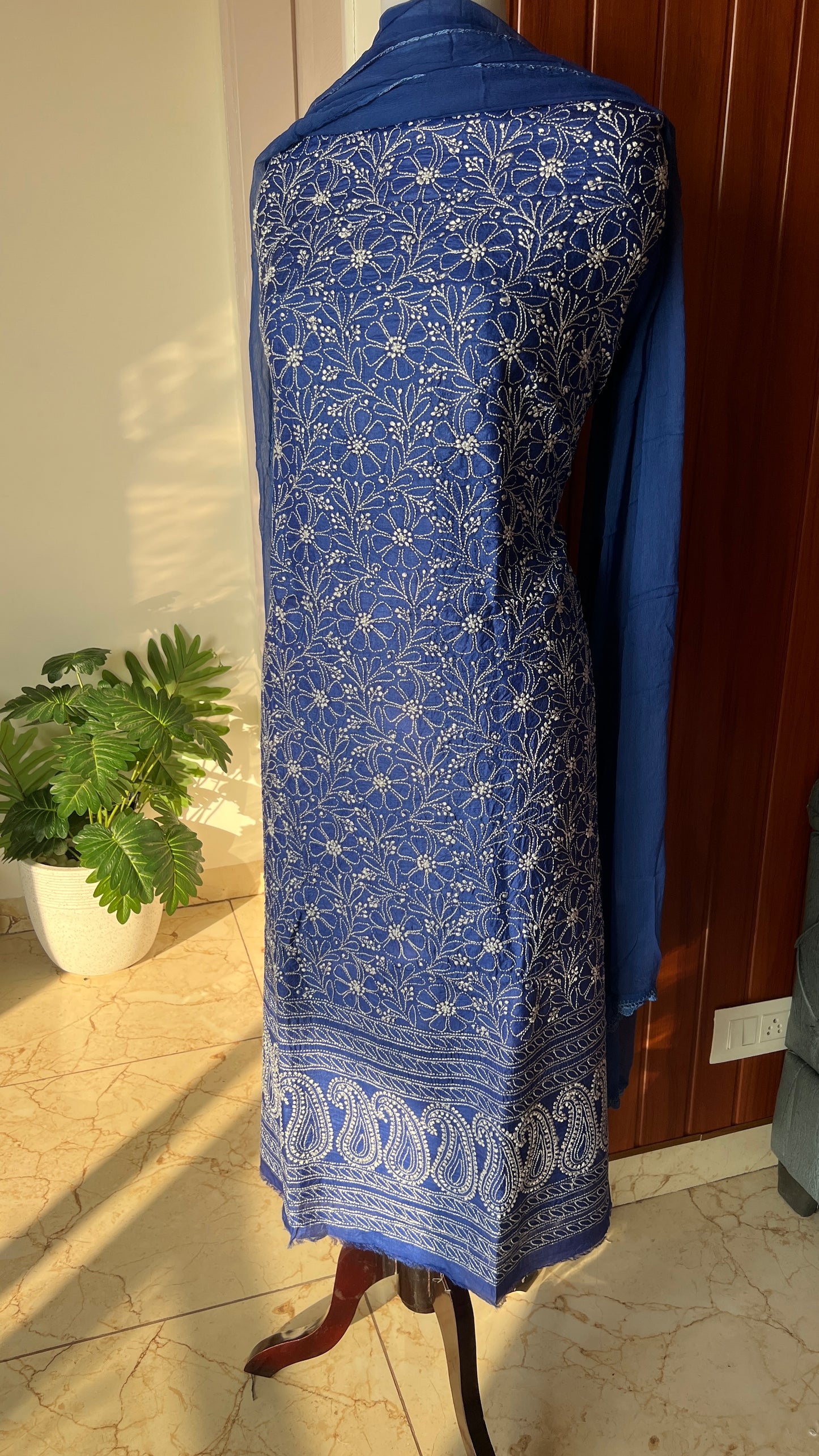Tussar silk Chikankari embroidered kurta with chiffon dupatta
