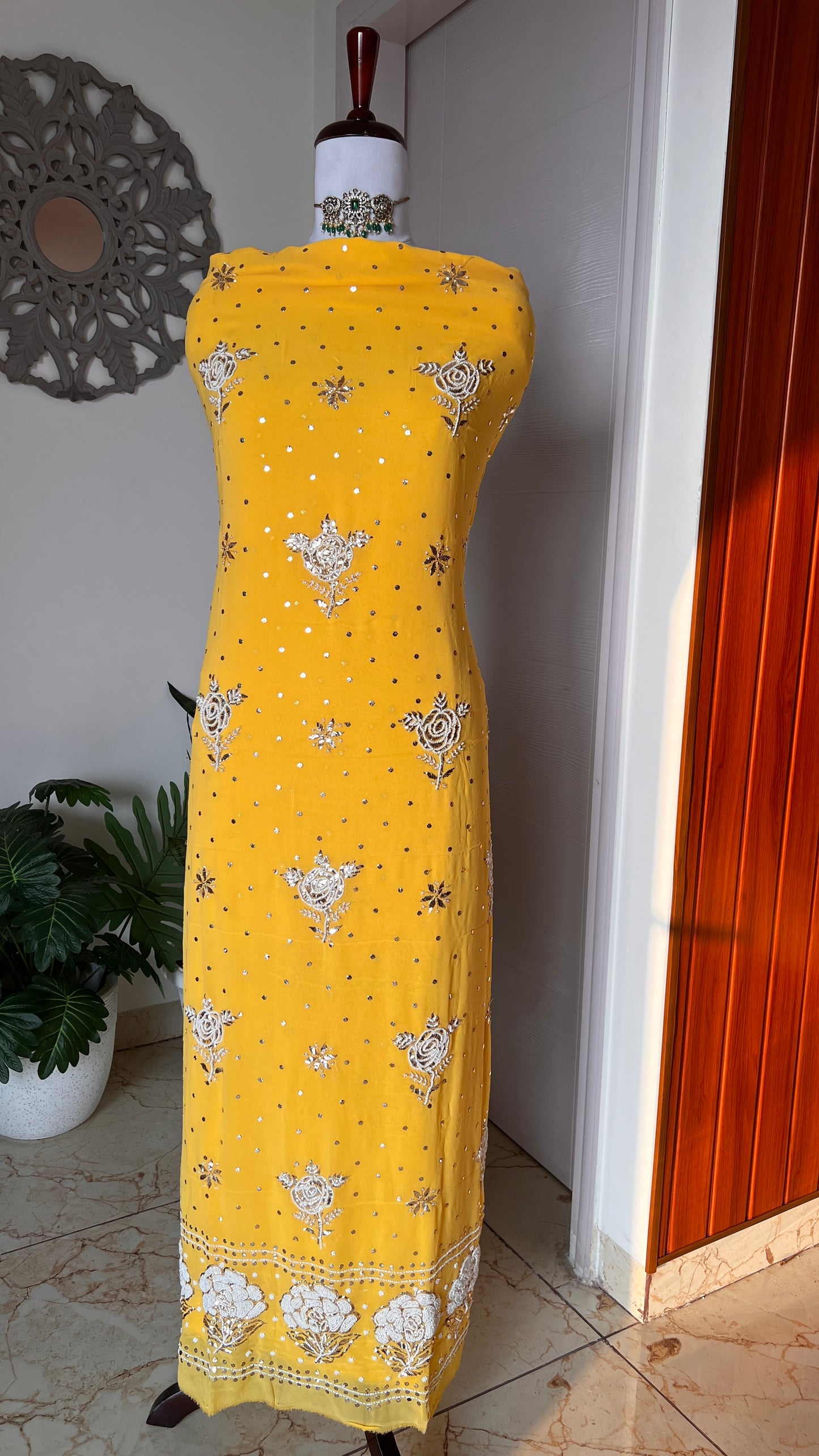 Yellow Badla Mukaish and Pearl Embroidered Kurta & Dupatta Set