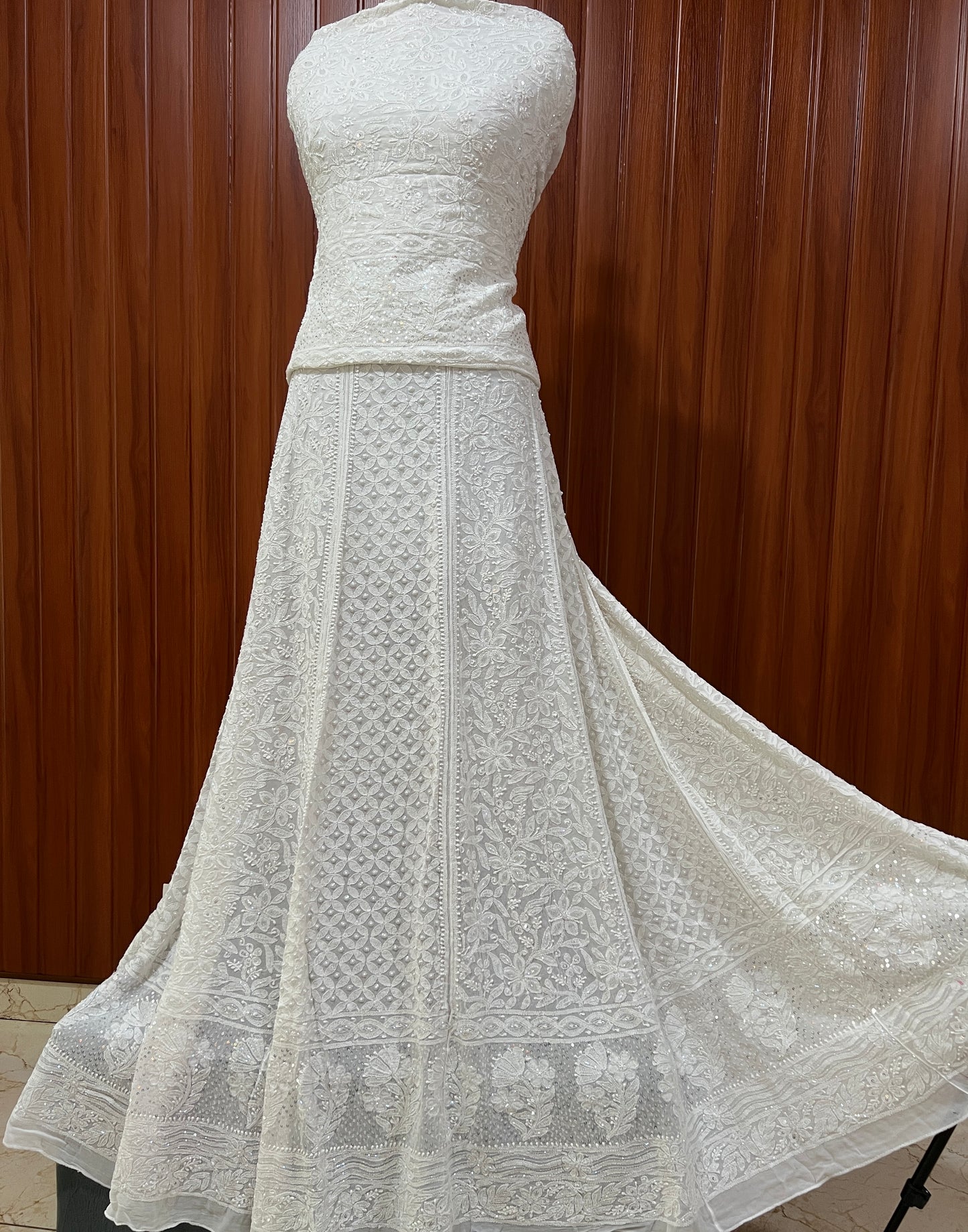 Ruhani White Chikankari Cut Dana Pearl Sequins Wedding Lehenga