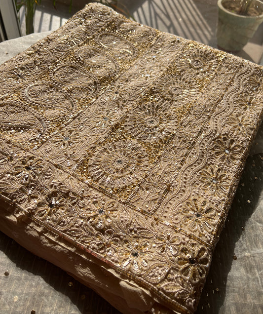 Ruhani Golden Beige Chikankari Sequins Cut Dana Embroidered Masterpiece Saree
