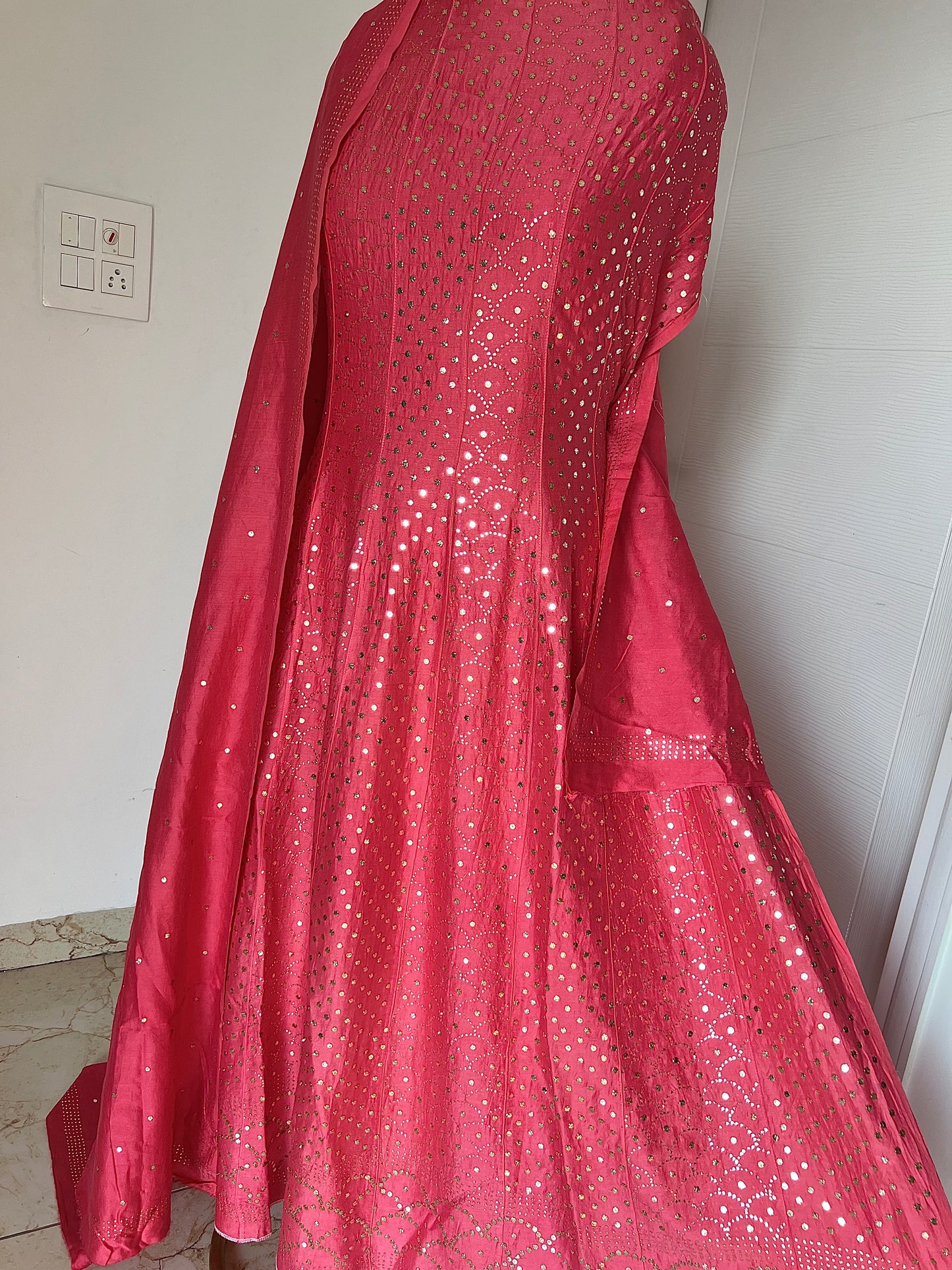 Bright Rose Pink Allover Heavy Mukaish Chanderi Silk Anarkali with Dupatta