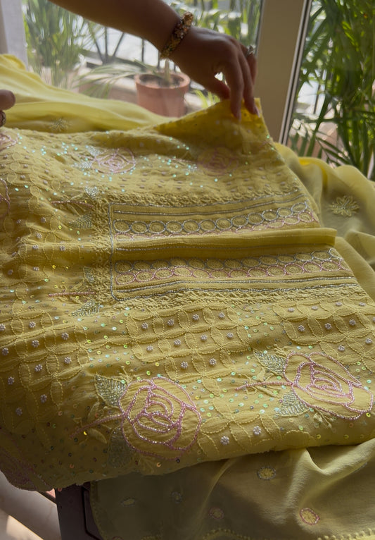 Ruhani Bright Yellow Chikankari pearl cut dana Kurta and Dupatta